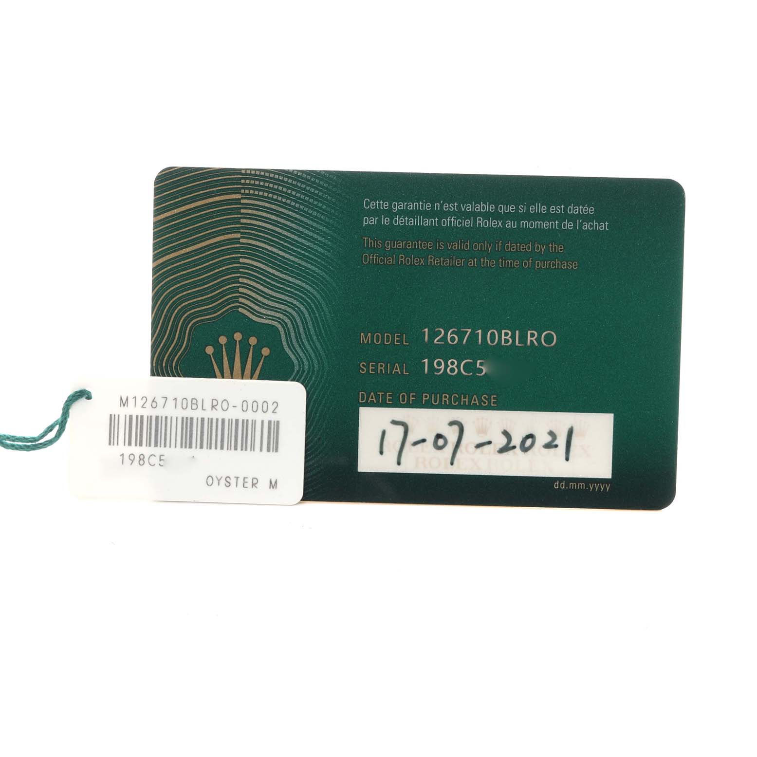 The image shows a Rolex GMT-Master 126710BLRO Men
s Stainless Steel Black Dial 126710BLRO Men
s Stainless Steel Black Dial warranty card with model and serial numbers visible.