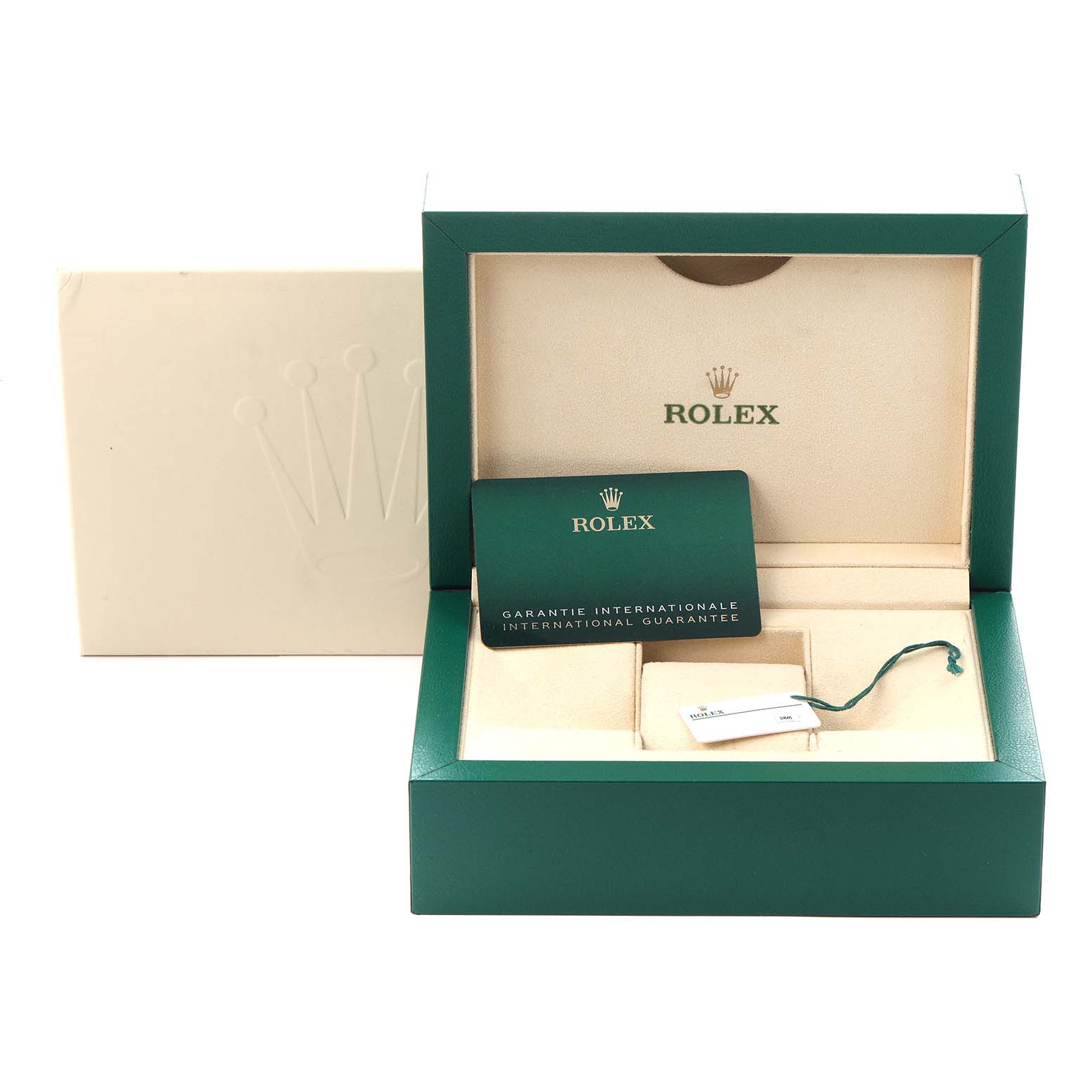 The image shows a Rolex GMT-Master 126710BLRO Men
s Stainless Steel Black Dial 126710BLRO Men
s Stainless Steel Black Dial watch box with guarantee card, tag, and outer packaging, viewed from the front.