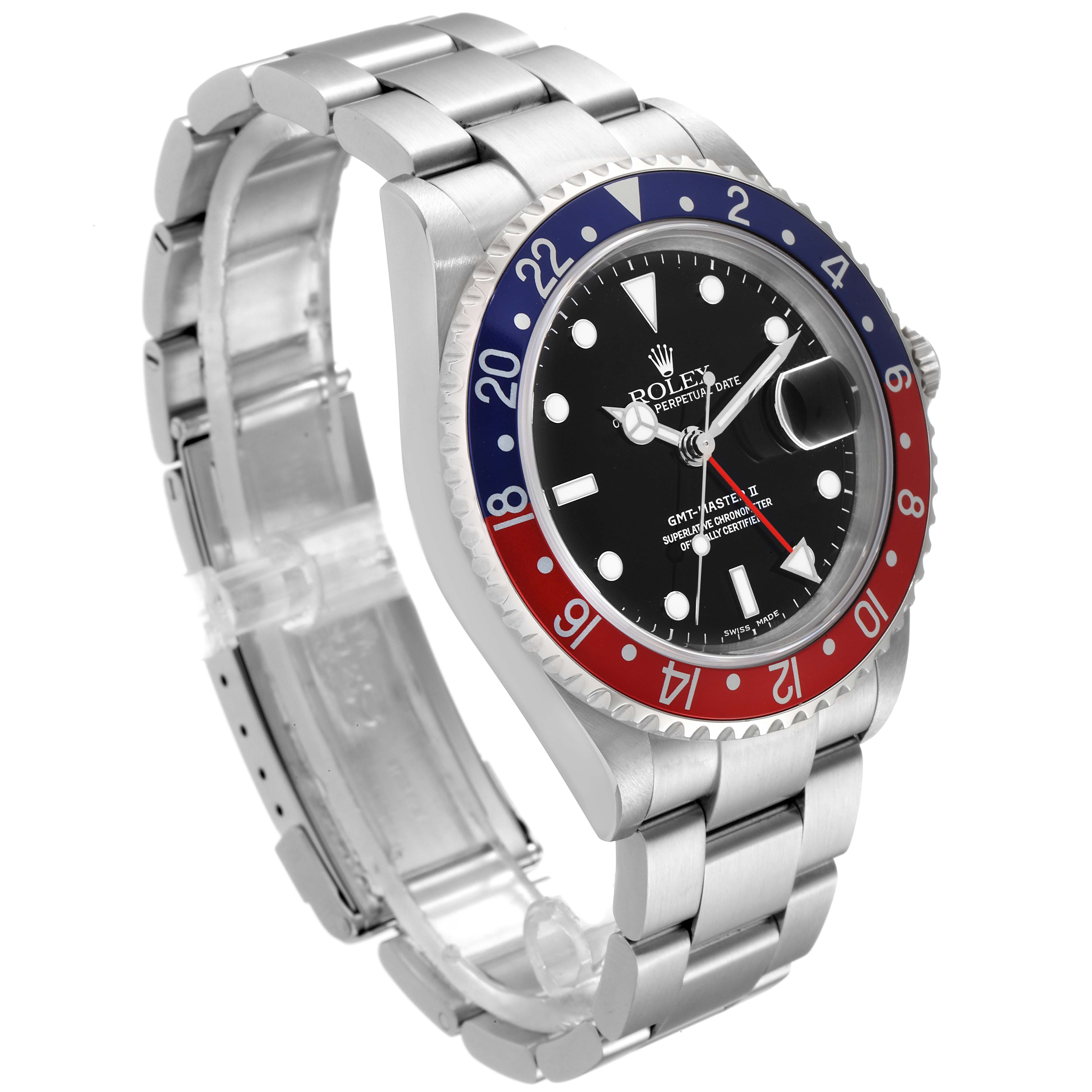 The image shows a Rolex GMT-Master 16710 Men
s Stainless Steel Black Dial 16710 Men
s Stainless Steel Black Dial watch from an angled view, highlighting its bezel, dial, and bracelet.
