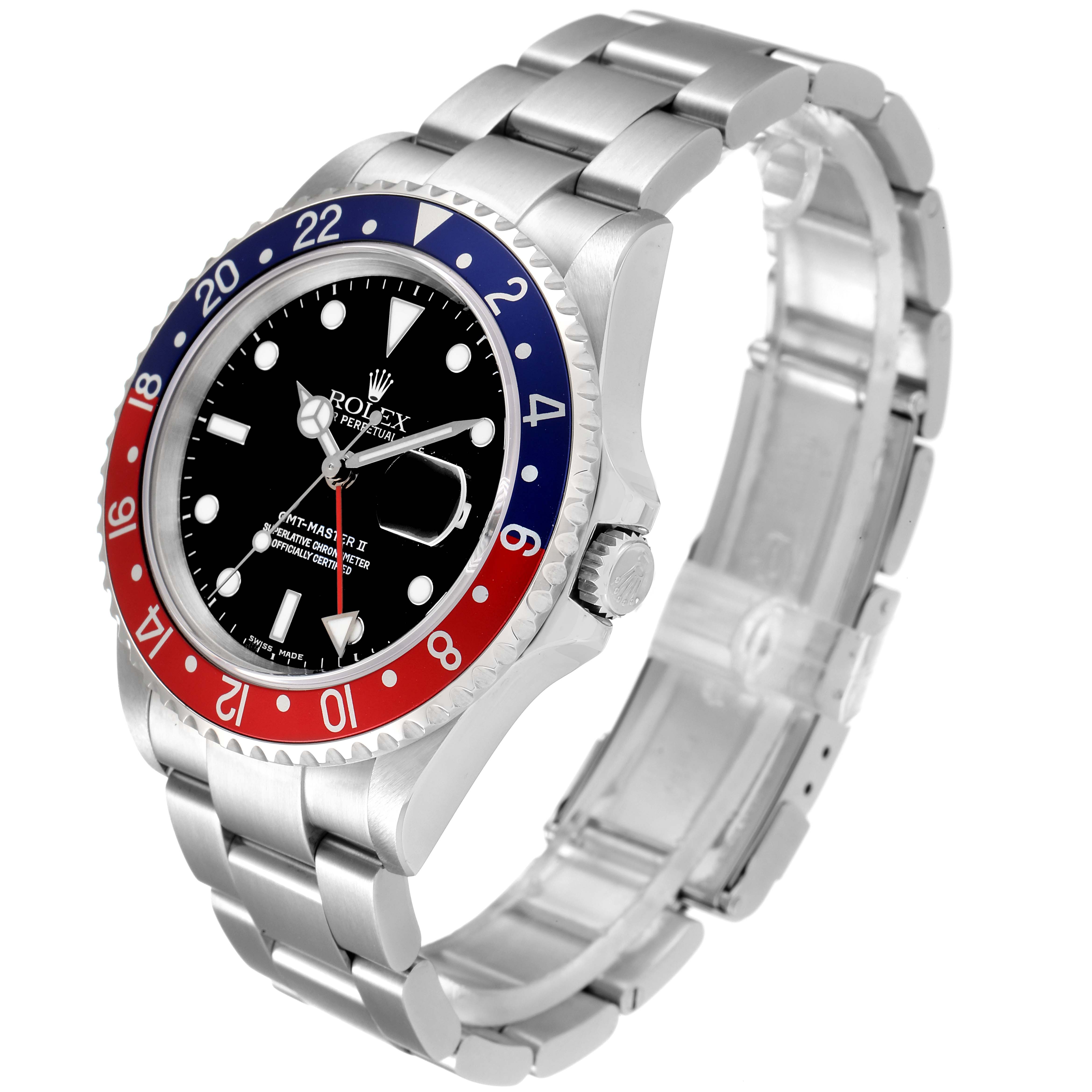 This image shows a side angle of the Rolex GMT-Master 16710 Men
s Stainless Steel Black Dial 16710 Men
s Stainless Steel Black Dial watch, highlighting the bezel, face, and part of the bracelet.