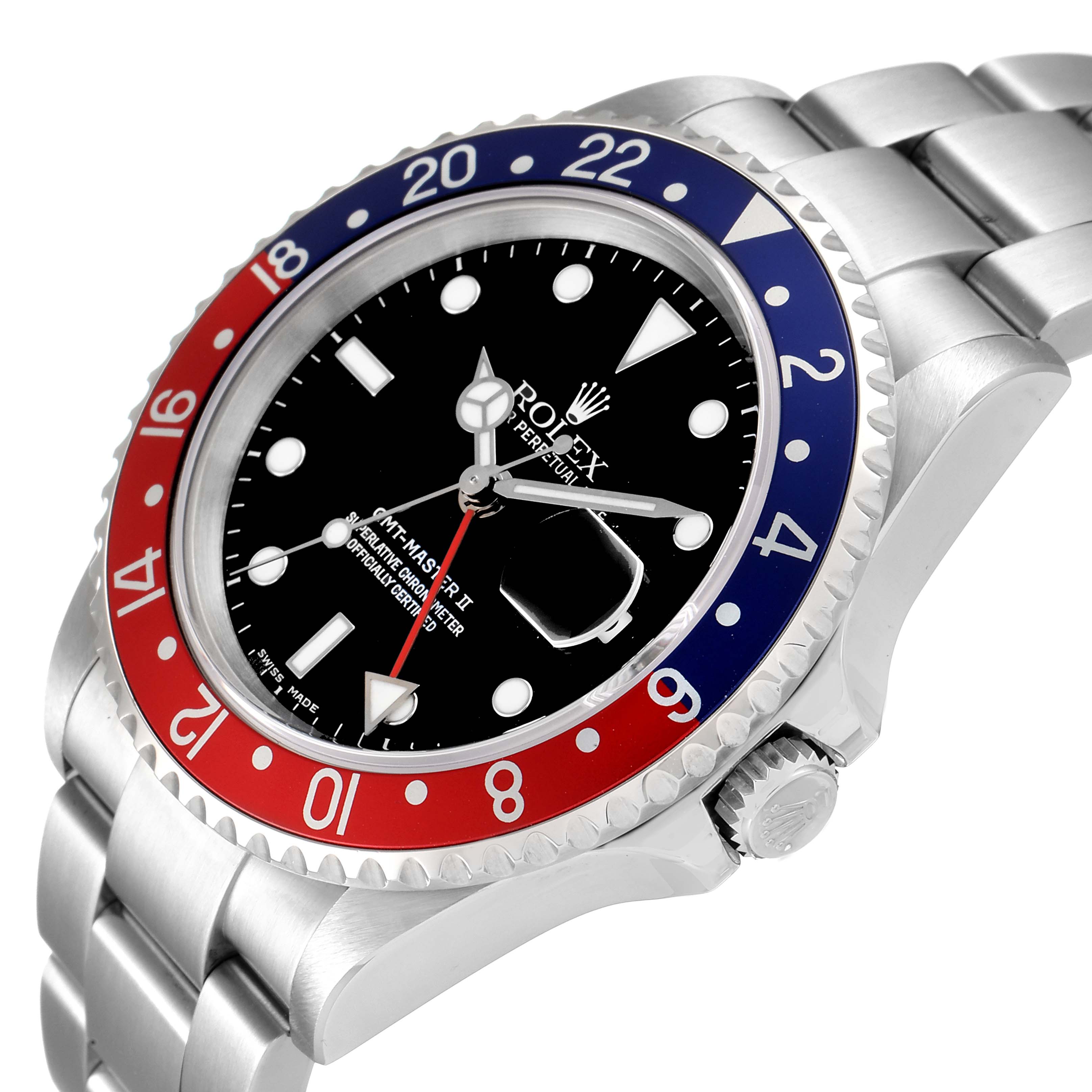 This image shows a side angle of the Rolex GMT-Master 16710 Men
s Stainless Steel Black Dial 16710 Men
s Stainless Steel Black Dial with its bezel, face, and part of the bracelet visible.