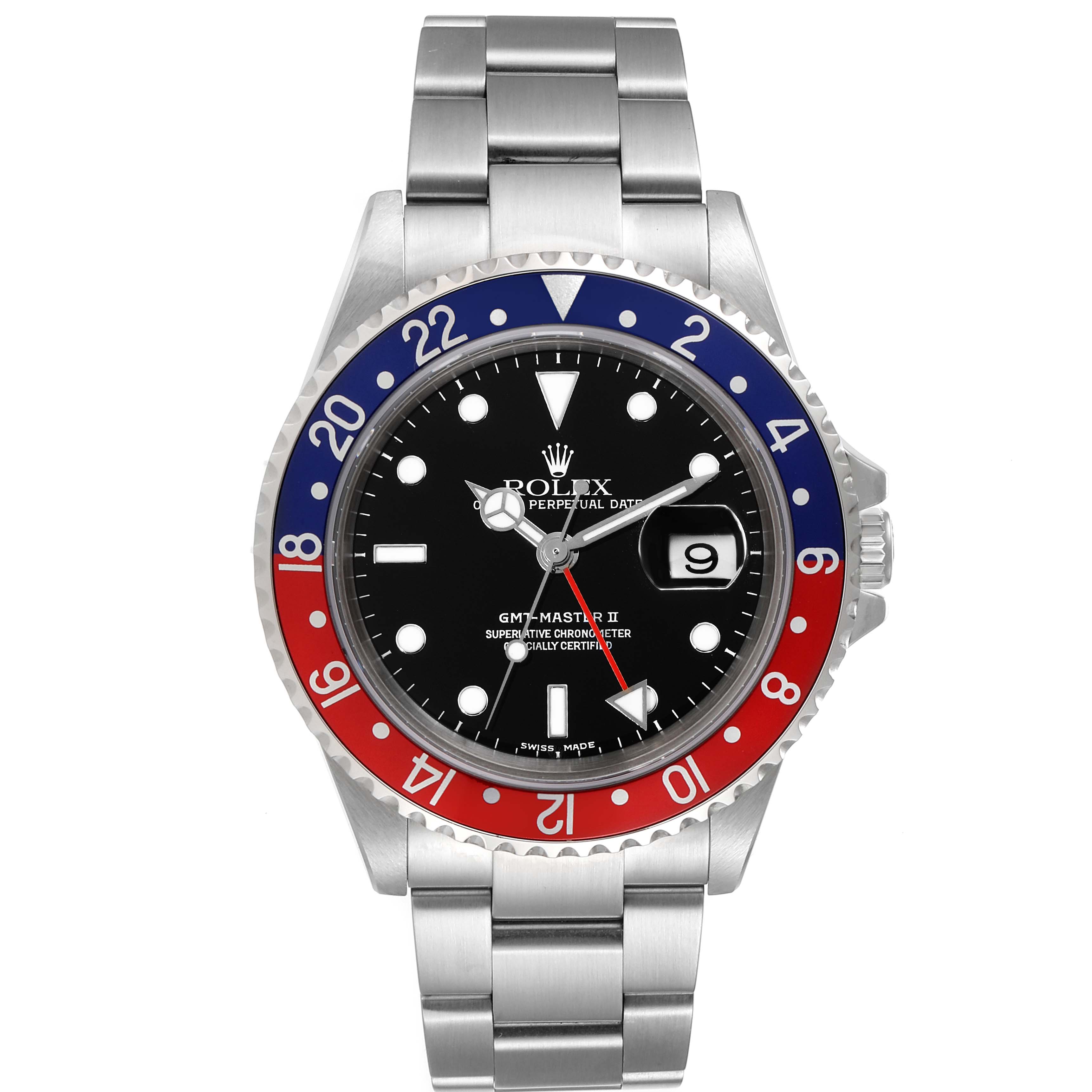 The image shows a front view of a Rolex GMT-Master 16710 Men
s Stainless Steel Black Dial 16710 Men
s Stainless Steel Black Dial II watch with a stainless steel band, black dial, and red-blue bezel.