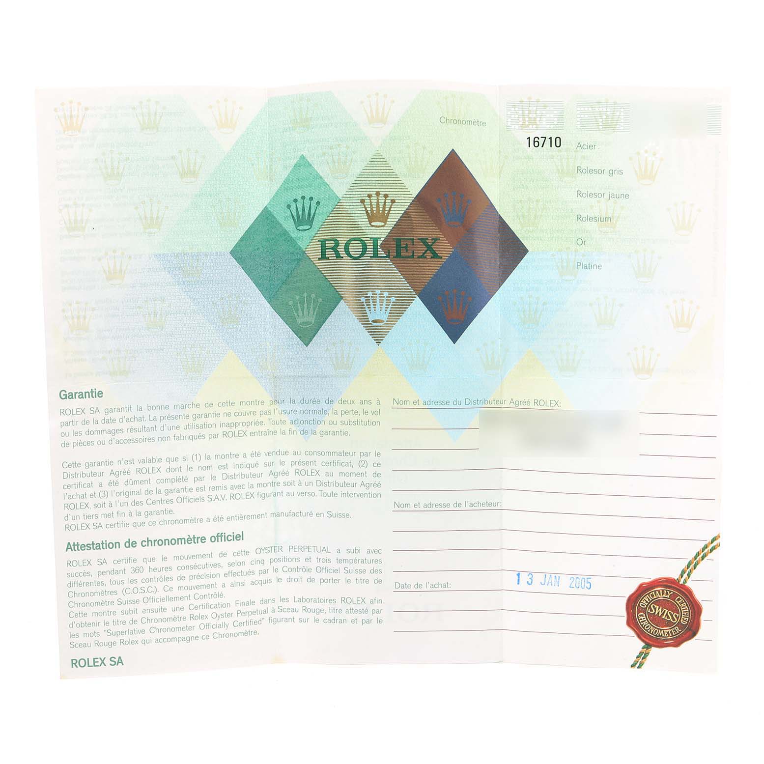 This image shows the warranty certificate and official chronometer certification for the Rolex GMT-Master 16710 Men
s Stainless Steel Black Dial 16710 Men
s Stainless Steel Black Dial, dated 13 January 2005.