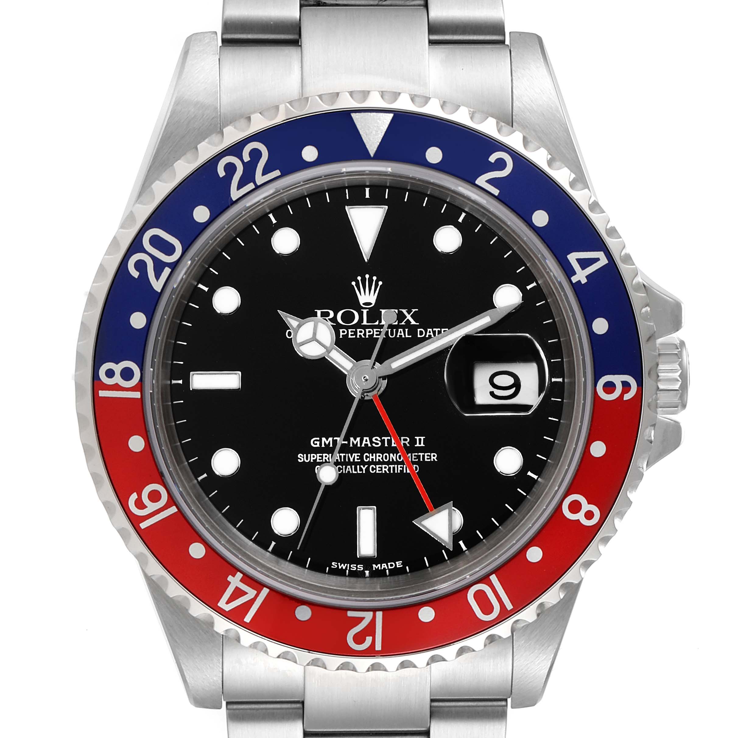 This image shows a frontal view of the Rolex GMT-Master 16710 Men
s Stainless Steel Black Dial 16710 Men
s Stainless Steel Black Dial II watch, highlighting the bezel, dial, hands, and date display.