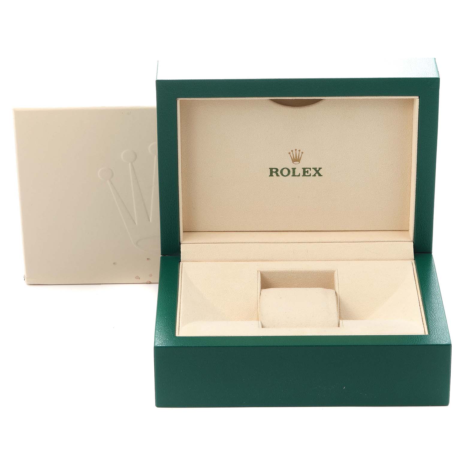 The image shows an open Rolex GMT-Master 116718 Men
s Yellow Gold Green Dial 116718 Men
s Yellow Gold Green Dial watch box at a straight angle with an inner cushion and the Rolex logo inside.