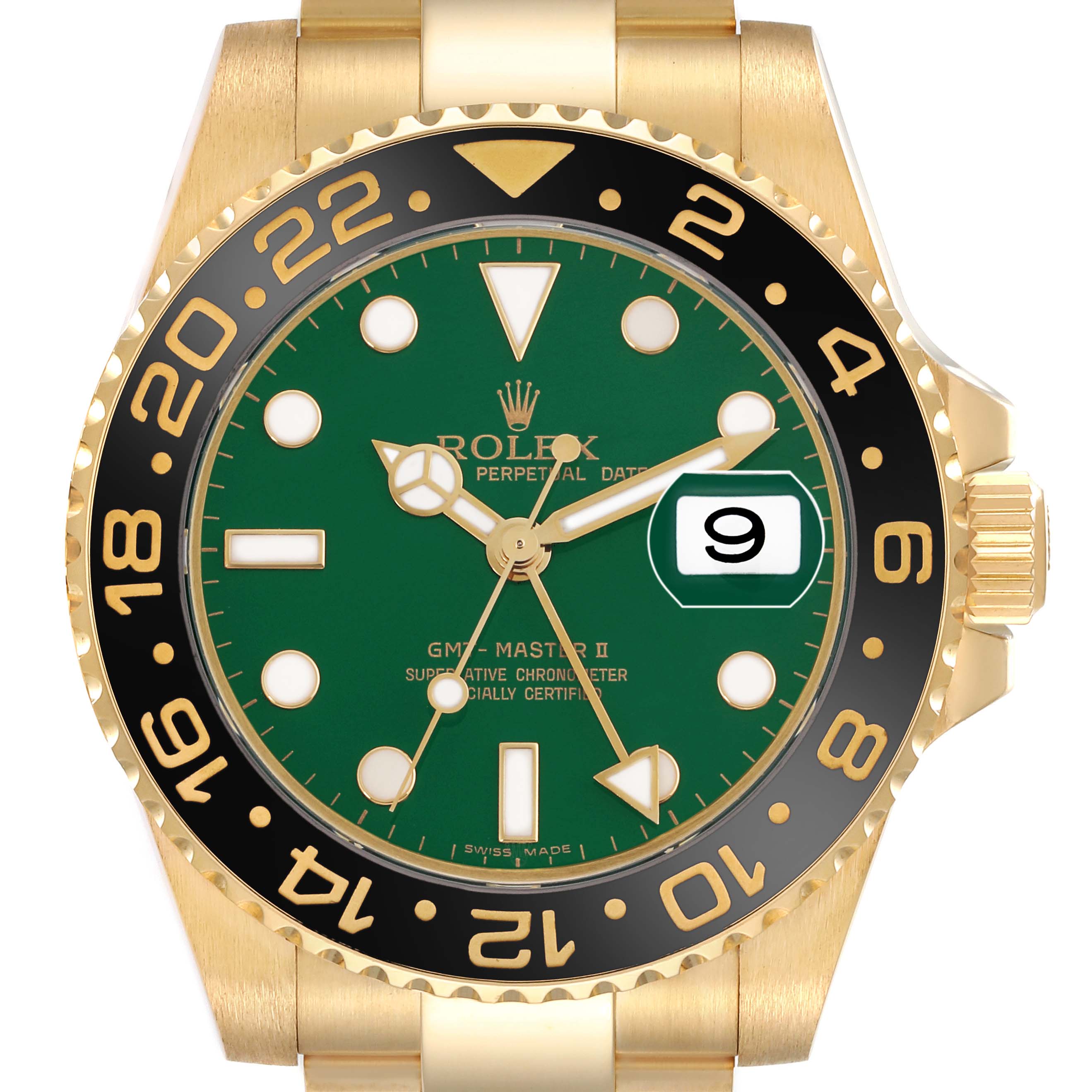 The Rolex GMT-Master 116718 Men
s Yellow Gold Green Dial 116718 Men
s Yellow Gold Green Dial watch is shown from the front, highlighting its green dial, gold case, and black bezel with gold numerals.