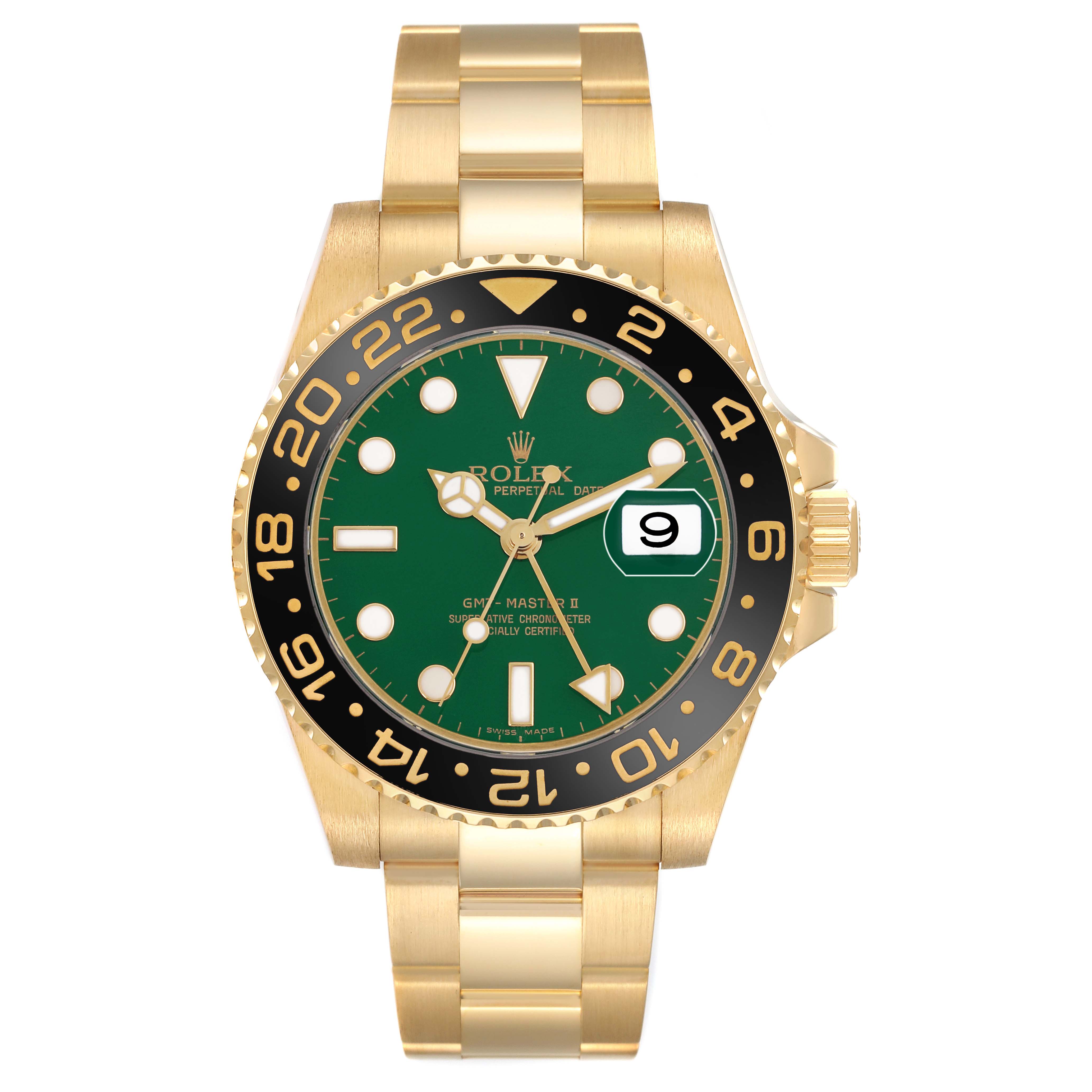 The Rolex GMT-Master 116718 Men
s Yellow Gold Green Dial 116718 Men
s Yellow Gold Green Dial watch is shown from a top view highlighting the bezel, dial, and bracelet.