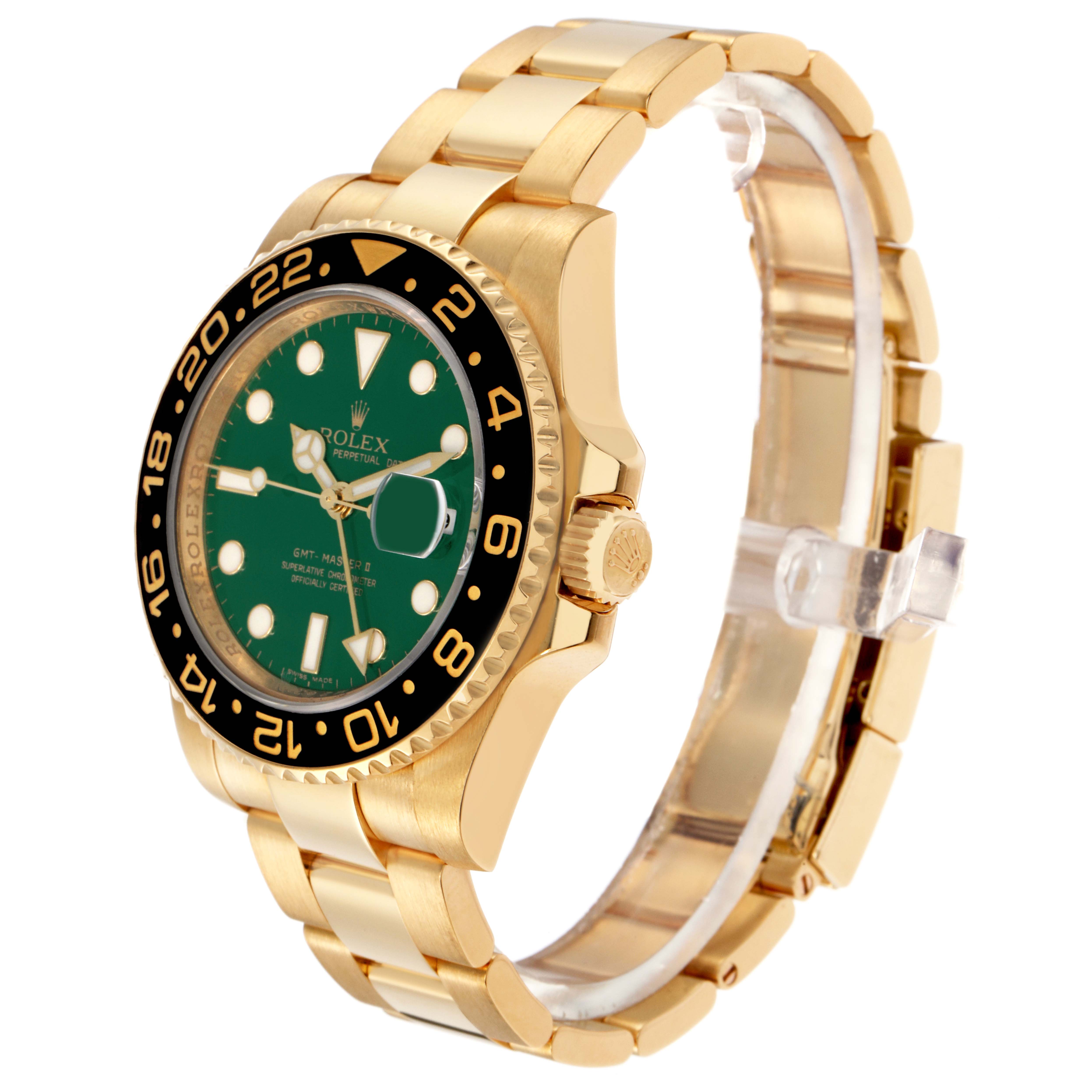 The Rolex GMT-Master 116718 Men
s Yellow Gold Green Dial 116718 Men
s Yellow Gold Green Dial watch is shown at a three-quarter angle, displaying the bezel, face, crown, and bracelet.