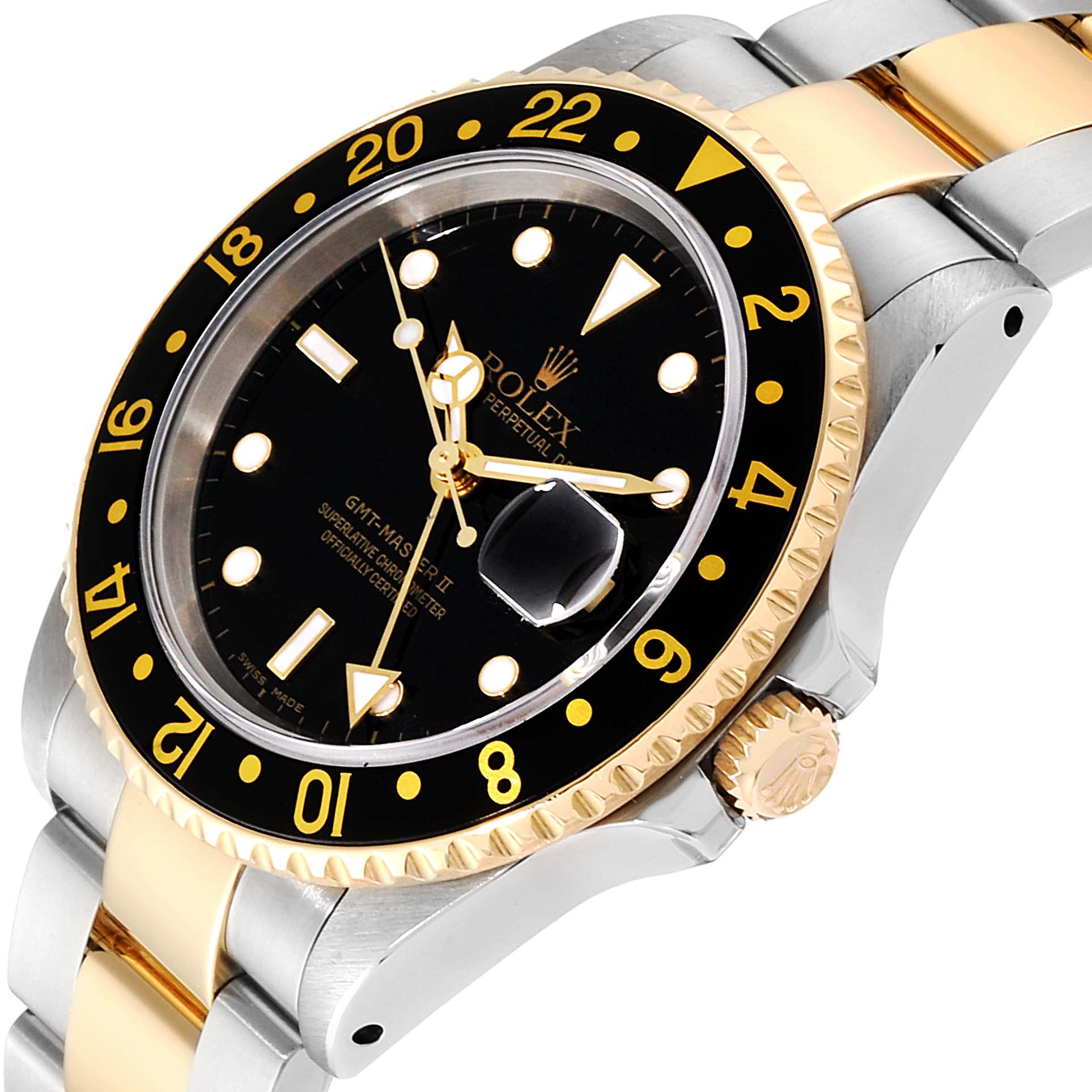 The image shows a side angle of the Rolex GMT-Master 16713  Men's Steel and Gold (two tone) Black Dial 16713  Men's Steel and Gold (two tone) Black Dial watch, featuring its dial, bezel, and bracelet.