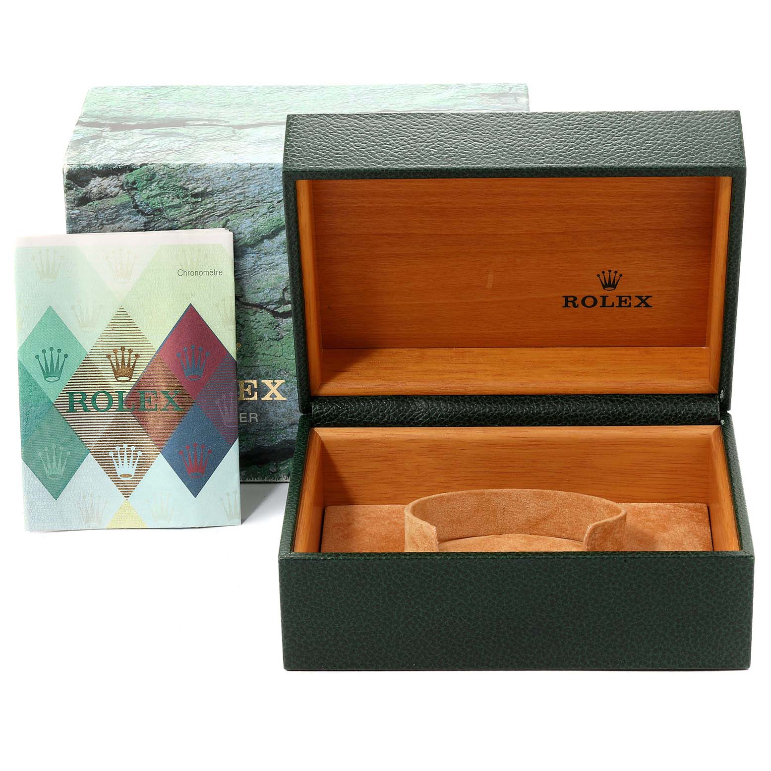 The image shows an open Rolex GMT-Master 16713  Men's Steel and Gold (two tone) Black Dial 16713  Men's Steel and Gold (two tone) Black Dial watch box, its outer box, and a booklet.