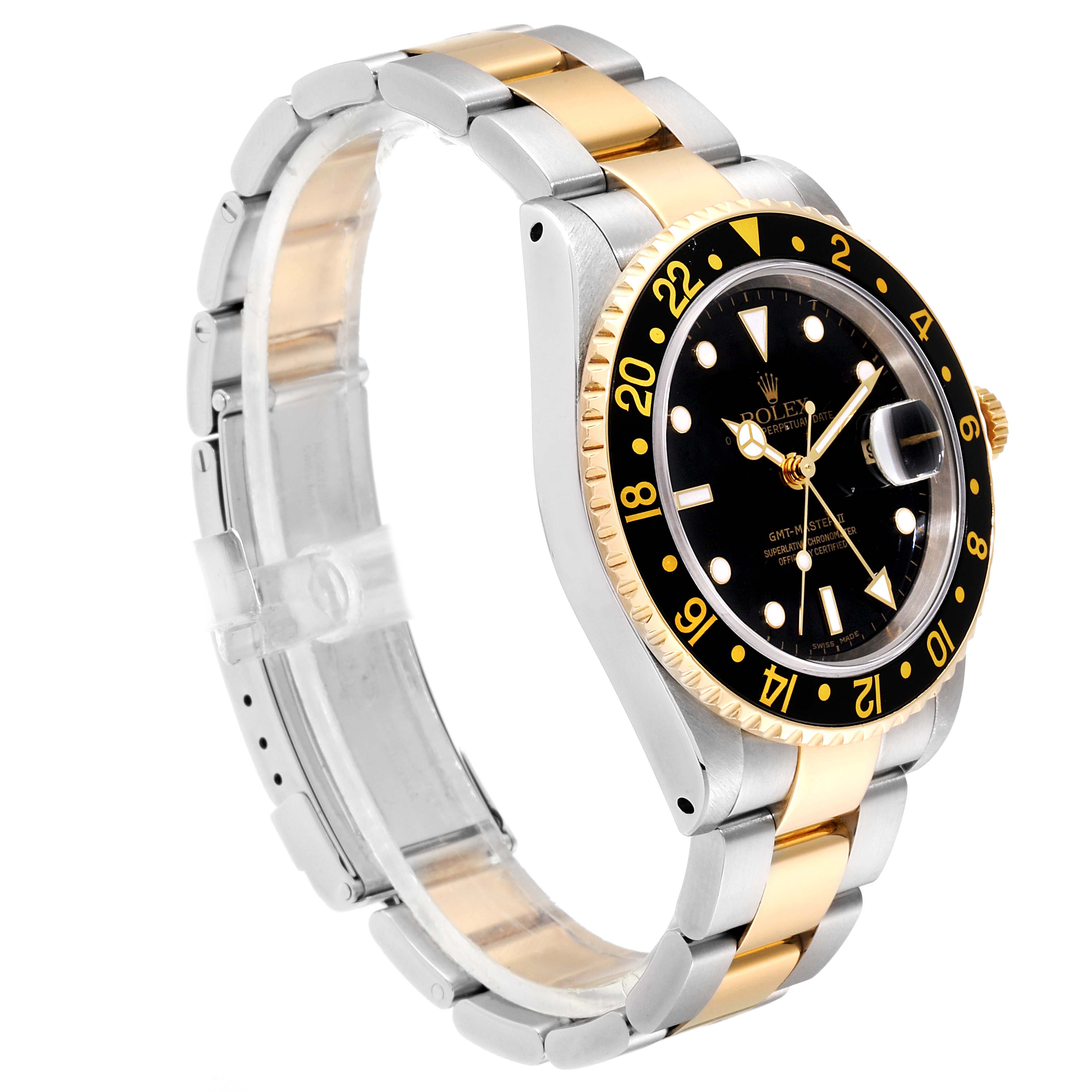 The Rolex GMT-Master 16713  Men's Steel and Gold (two tone) Black Dial 16713  Men's Steel and Gold (two tone) Black Dial watch is shown at a three-quarter angle, highlighting its black dial, two-tone bracelet, and bezel.