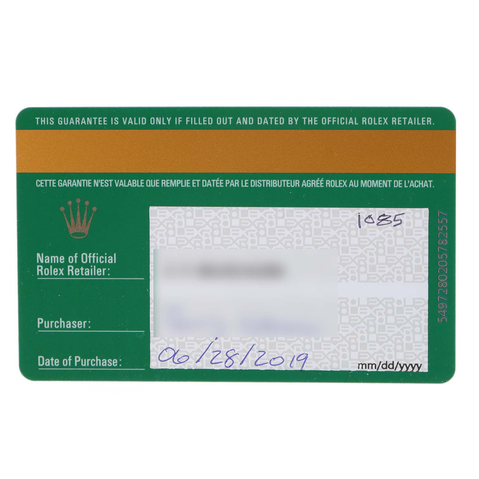 This is an image of a warranty card for the Rolex Air-King 116900 Men's Stainless Steel Black Dial 116900 Men's Stainless Steel Black Dial model.