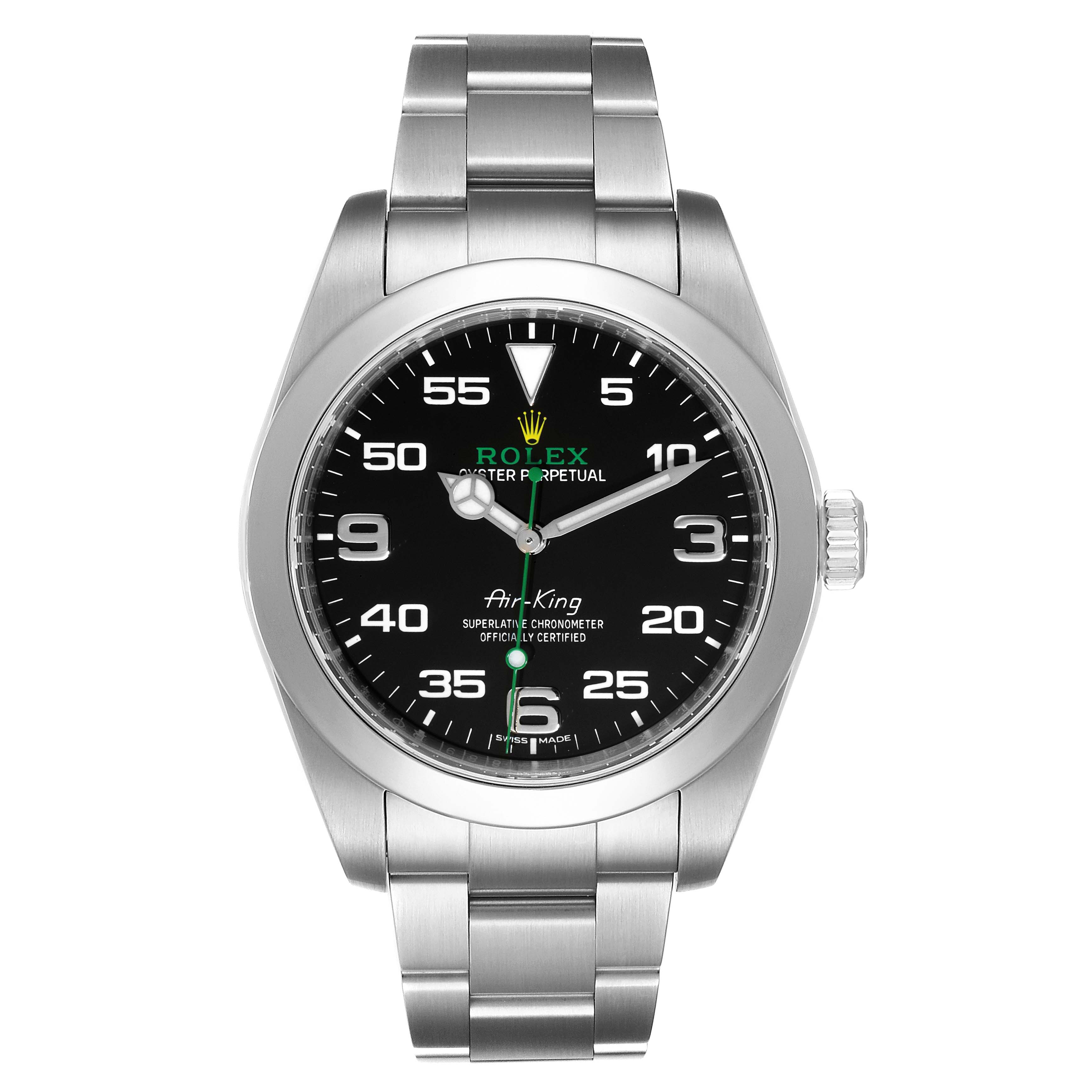 The Rolex Air-King 116900 Men's Stainless Steel Black Dial 116900 Men's Stainless Steel Black Dial watch is shown in a front view angle, displaying its face, bezel, and bracelet.