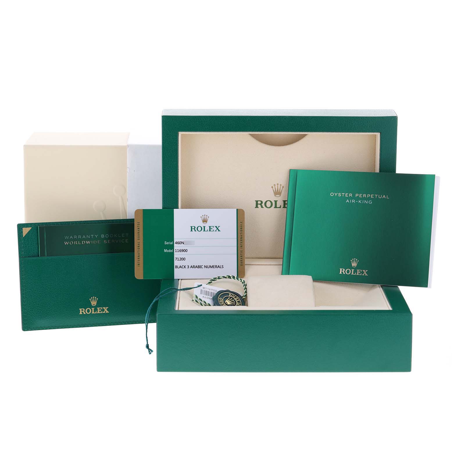 This image shows the packaging and accessories for a Rolex Air-King 116900 Men's Stainless Steel Black Dial 116900 Men's Stainless Steel Black Dial watch, including the box, warranty booklet, and other documentation.
