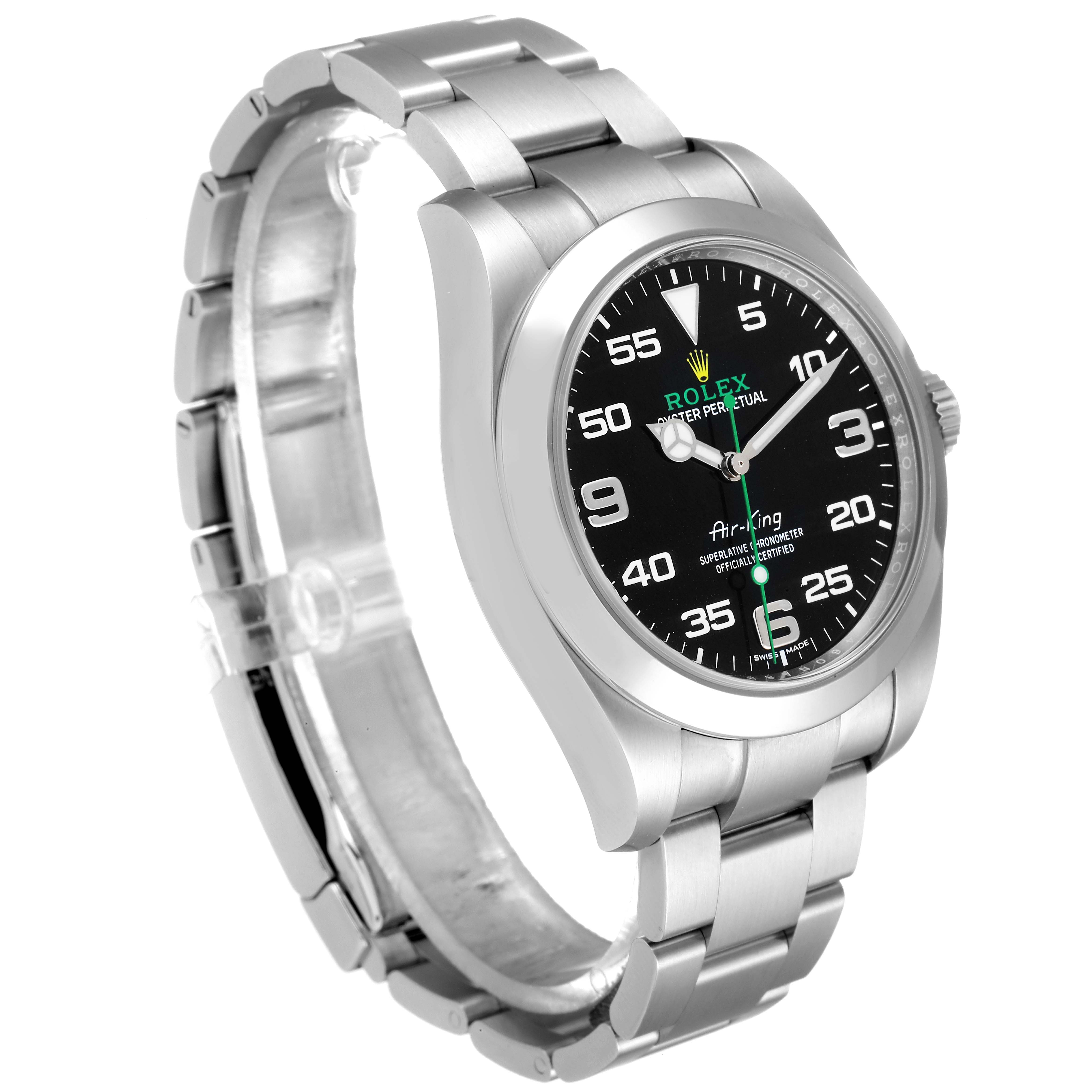 The image shows a Rolex Air-King 116900 Men's Stainless Steel Black Dial 116900 Men's Stainless Steel Black Dial watch at a slight angle, highlighting the black dial, bezel, and stainless steel bracelet.