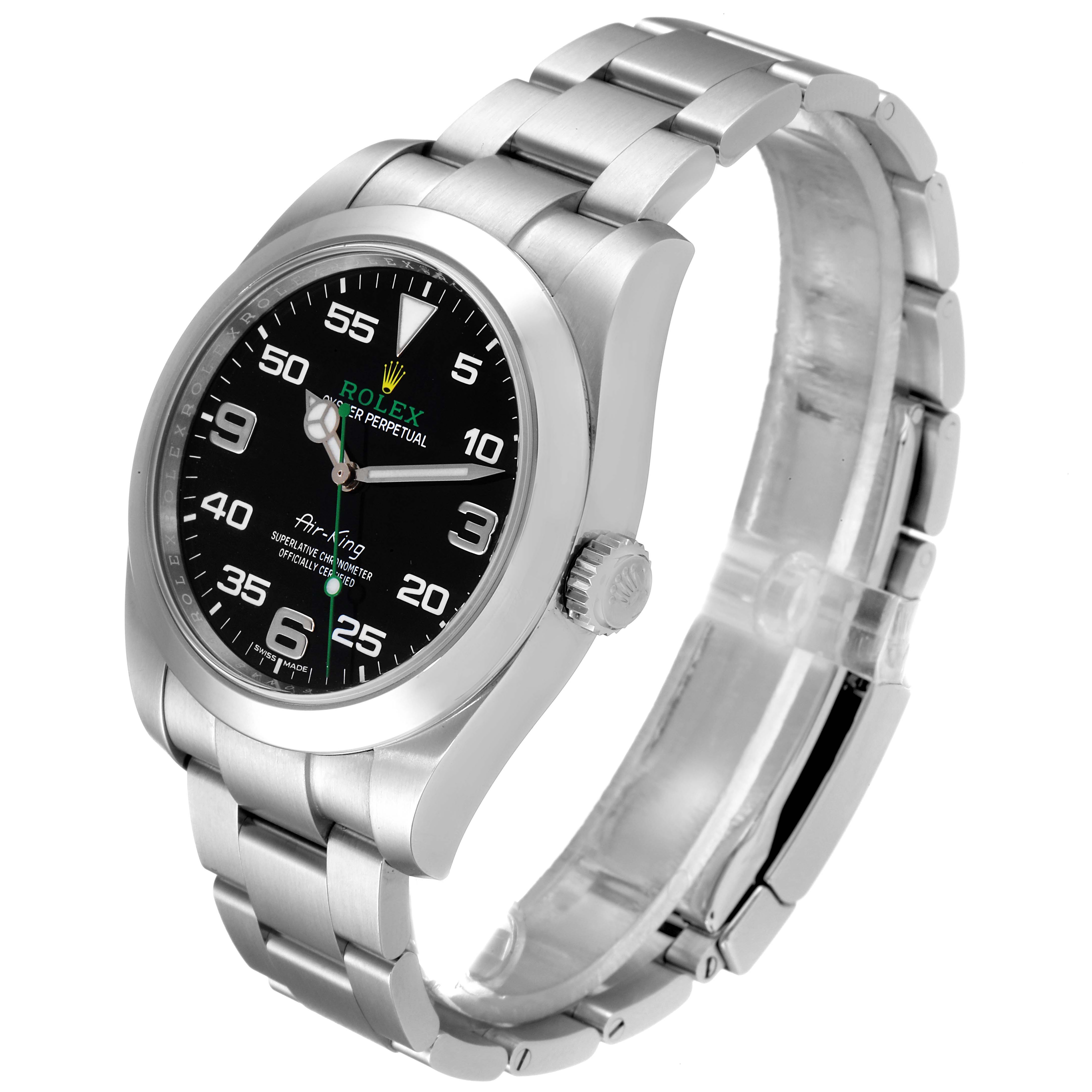 The Rolex Air-King 116900 Men's Stainless Steel Black Dial 116900 Men's Stainless Steel Black Dial watch is shown at a slight side angle, displaying its black dial, crown, and silver metal bracelet.