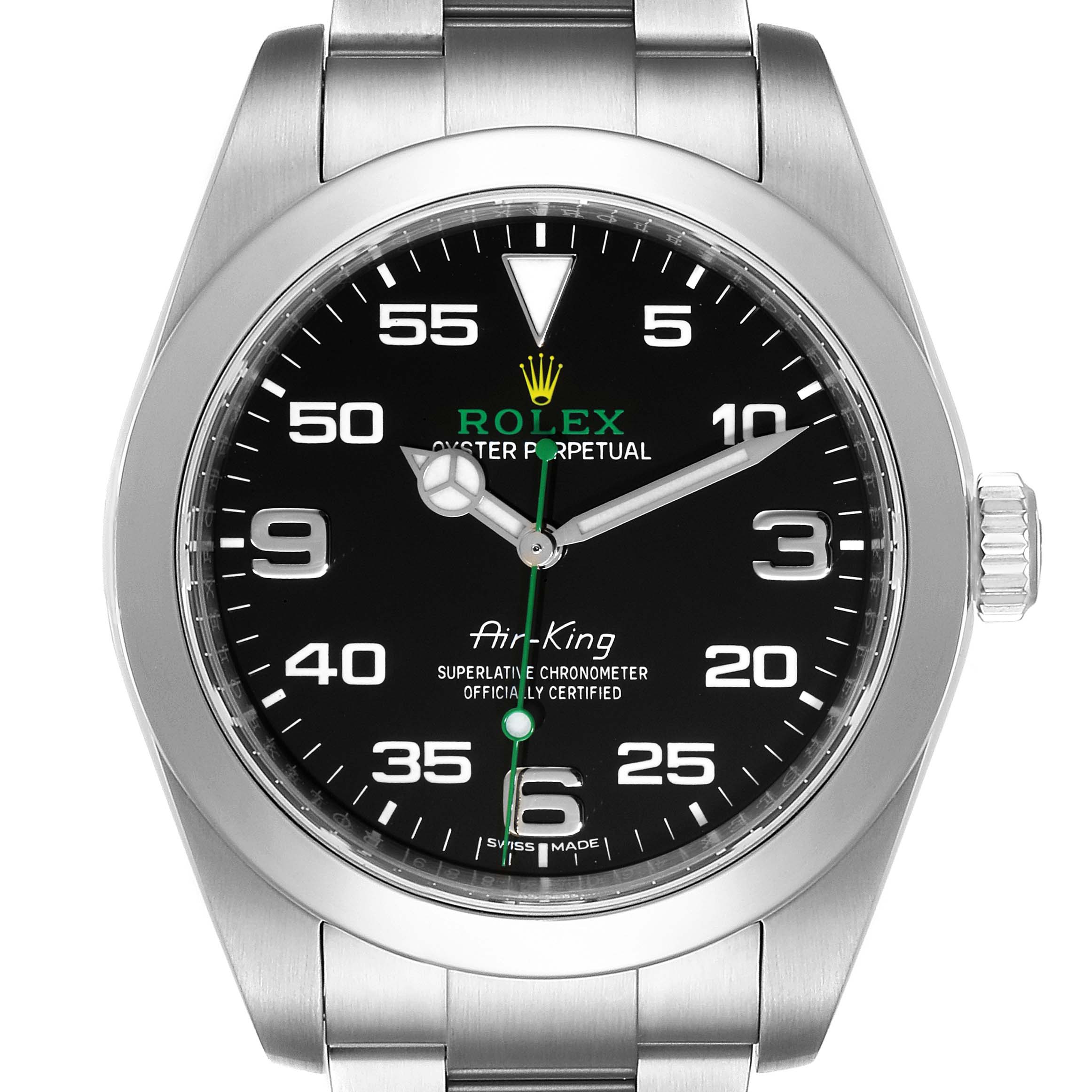 The Rolex Air-King 116900 Men's Stainless Steel Black Dial 116900 Men's Stainless Steel Black Dial watch is shown from a front angle, displaying its black dial, silver hands, and metal bracelet.