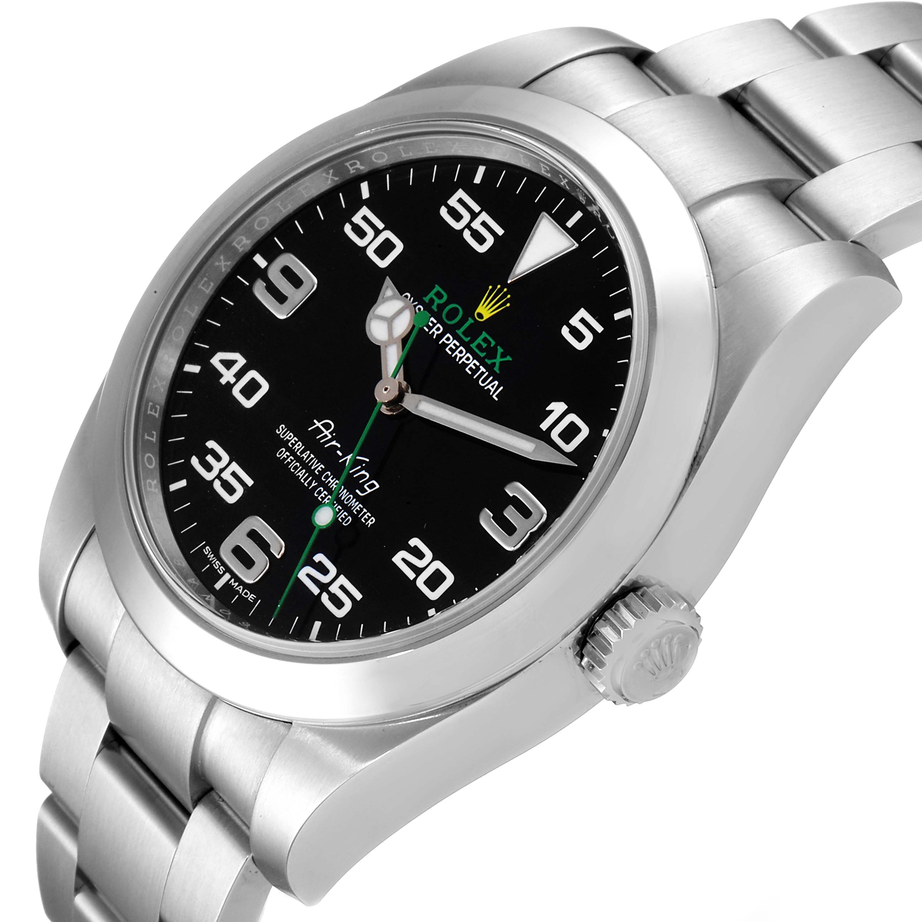 The image shows a close-up angled view of a Rolex Air-King 116900 Men's Stainless Steel Black Dial 116900 Men's Stainless Steel Black Dial watch, displaying the face, crown, and part of the bracelet.