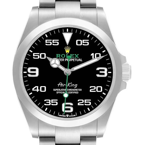 The Rolex Air-King 126900 Men's Stainless Steel Black Dial watch is shown from a top-down angle, highlighting the dial, bezel, crown, and part of the bracelet.