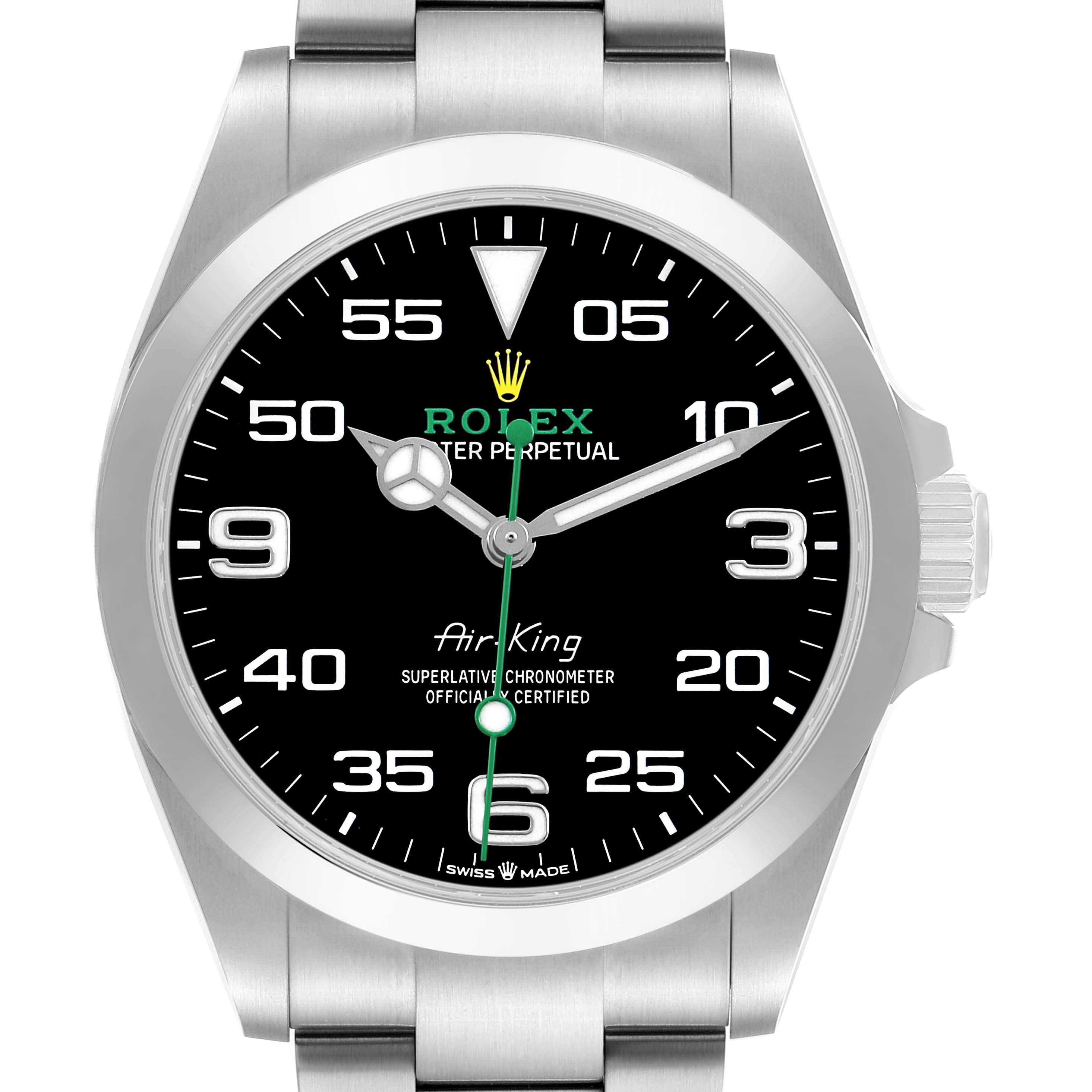 The Rolex Air-King 126900 Men's Stainless Steel Black Dial watch is shown from the front, displaying the dial, indices, hands, and part of the bracelet and crown.