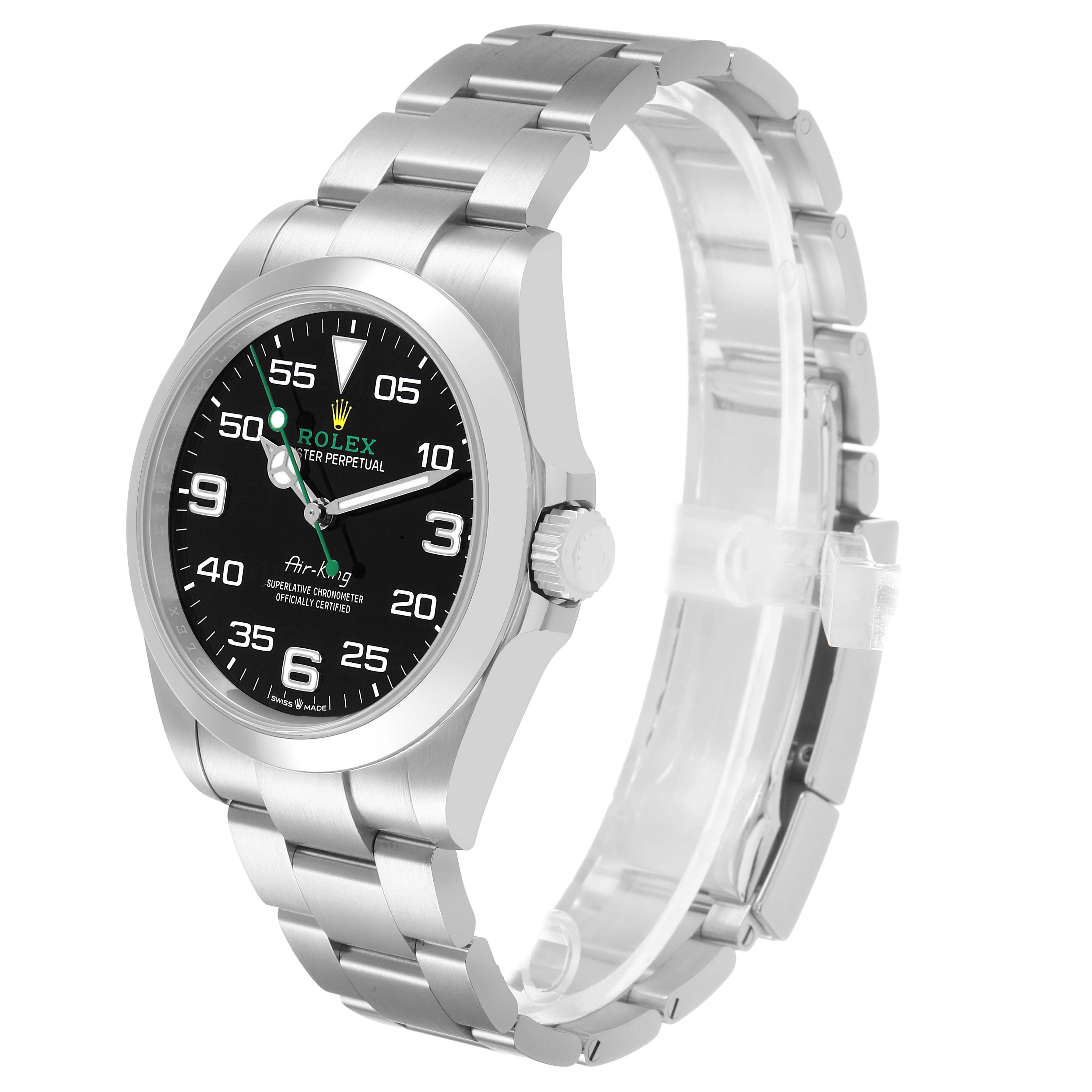 The Rolex Air-King 126900 Men's Stainless Steel Black Dial watch is shown at a three-quarter angle, highlighting the face, bezel, and metal bracelet.