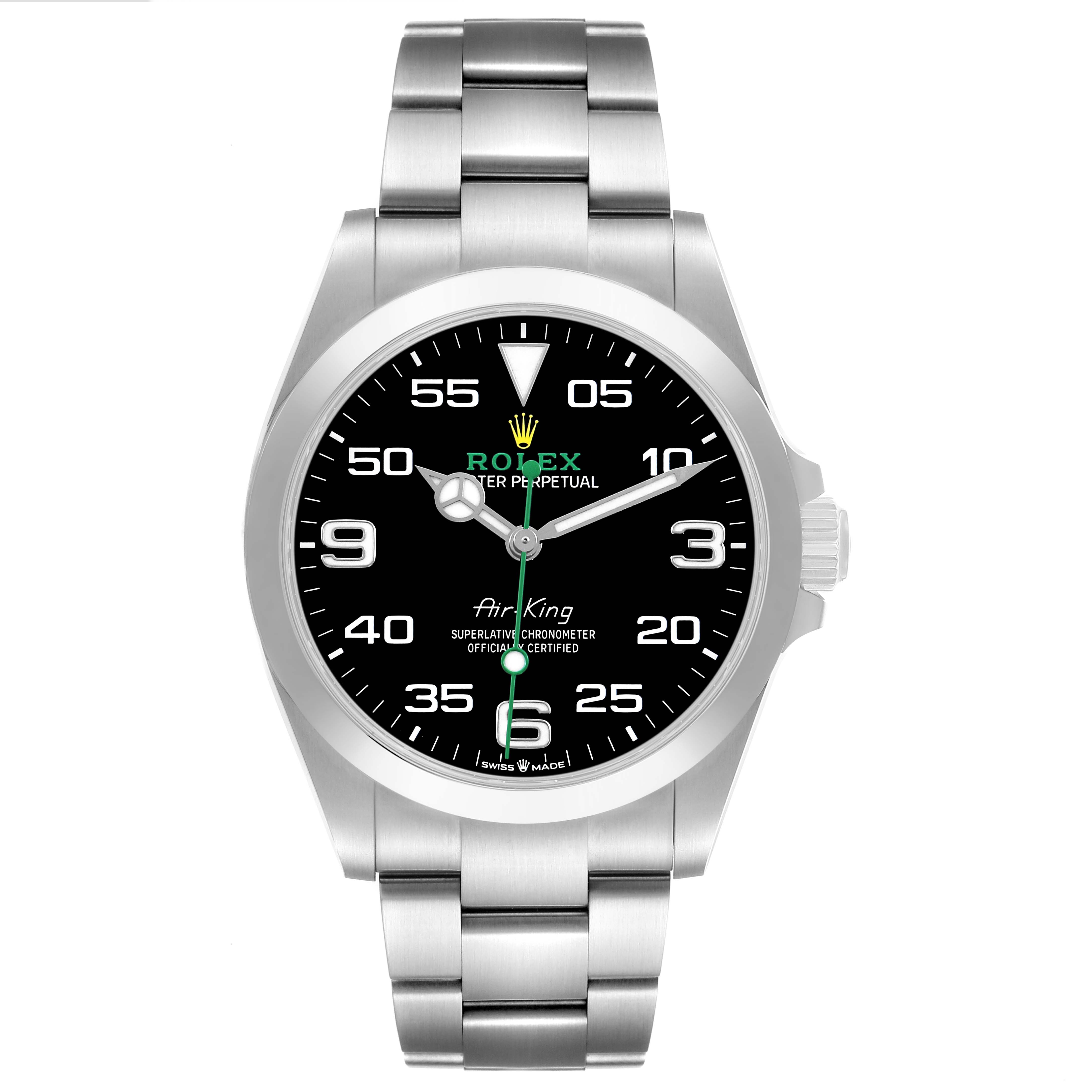 The Rolex Air-King 126900 Men's Stainless Steel Black Dial watch is shown from a front angle, featuring its dial, bezel, bracelet, and crown.
