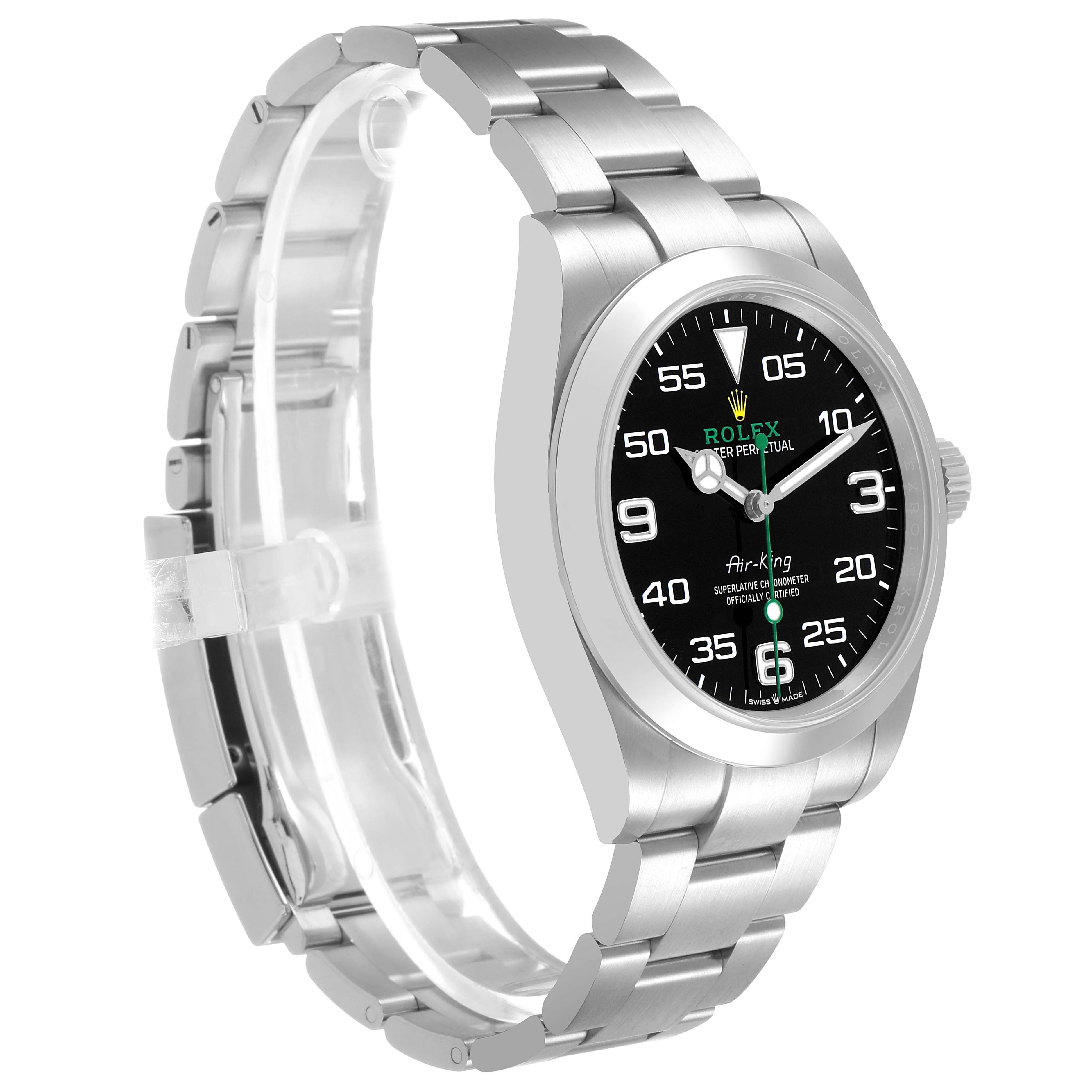 The Rolex Air-King 126900 Men's Stainless Steel Black Dial watch is shown at a three-quarter angle, highlighting the face, bezel, bracelet, and crown.