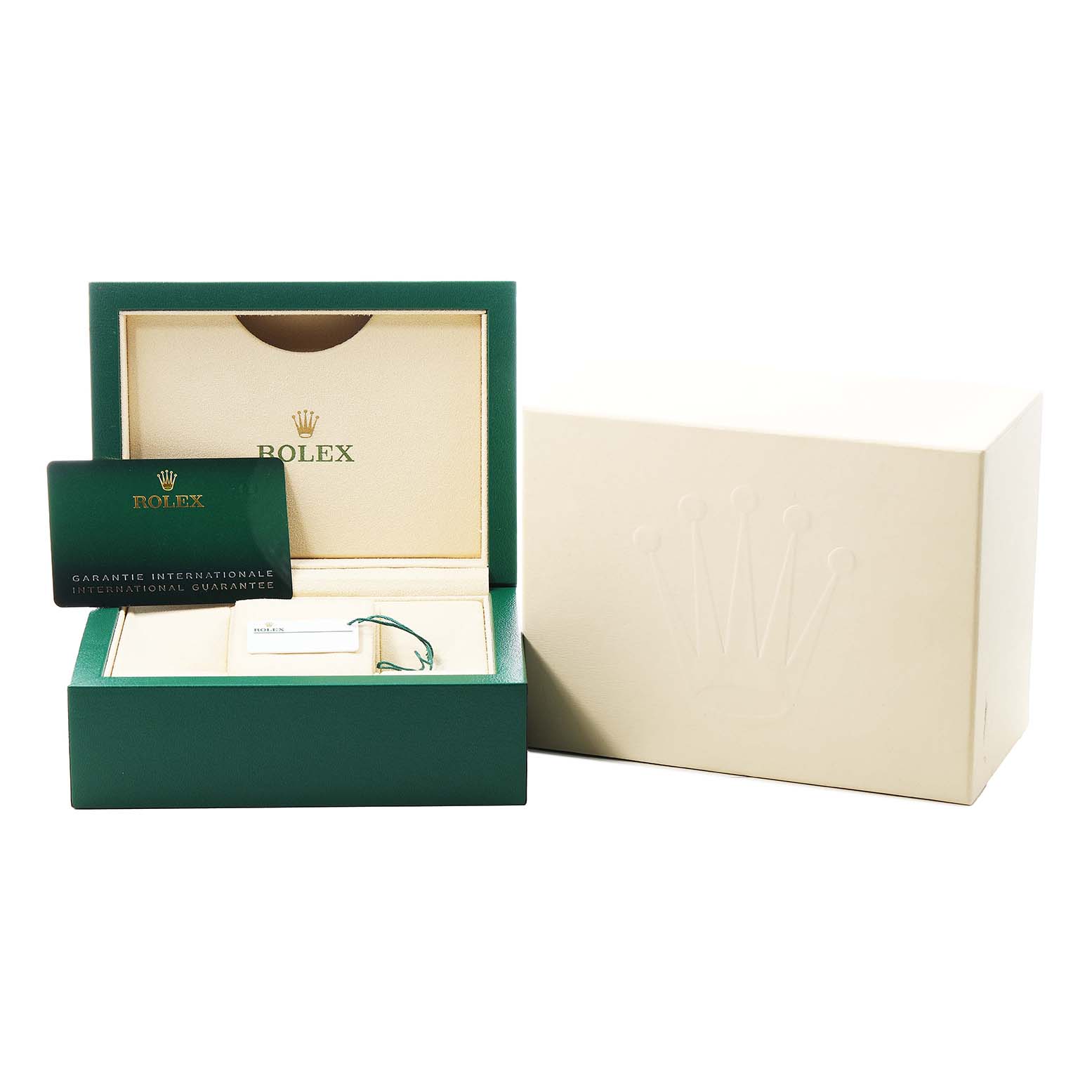 The image shows the packaging for a Rolex Air-King 126900 Men's Stainless Steel Black Dial, including the box, card, and tags.