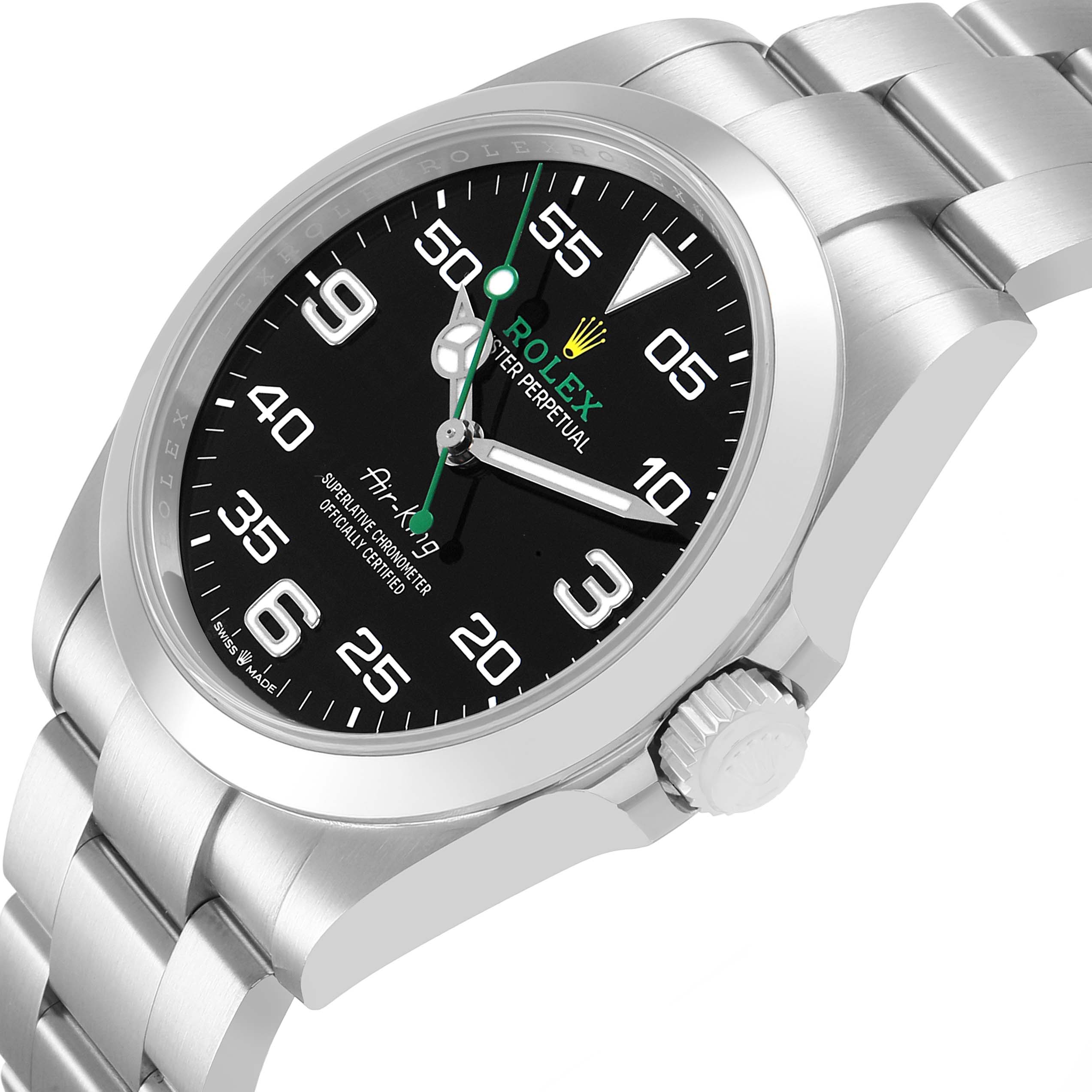 The image shows a side angle of the Rolex Air-King 126900 Men's Stainless Steel Black Dial, displaying the case, crown, bezel, and part of the bracelet.