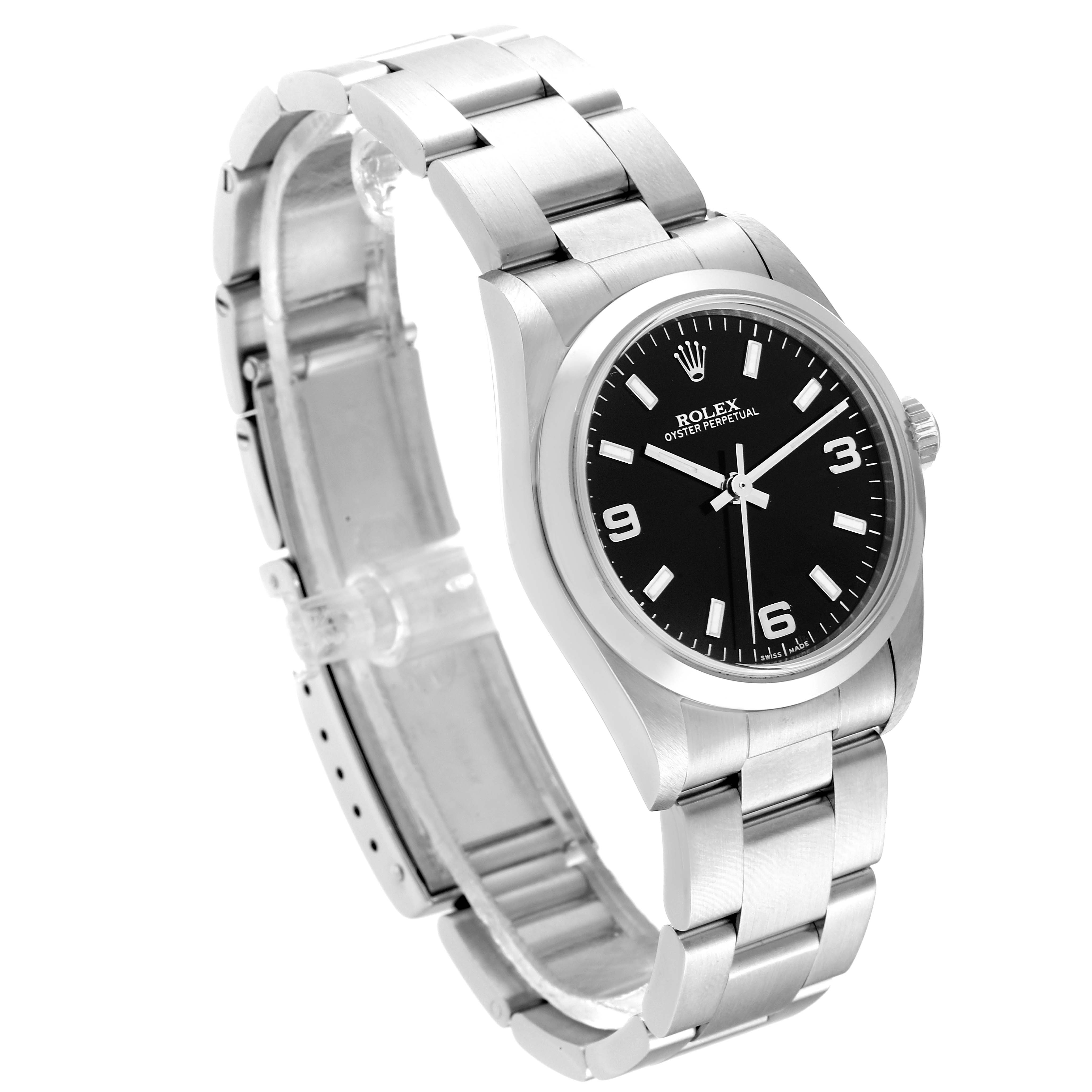 The image shows a side angle of the mid-size Rolex Oyster Perpetual watch, highlighting its black dial, stainless steel case, and bracelet.