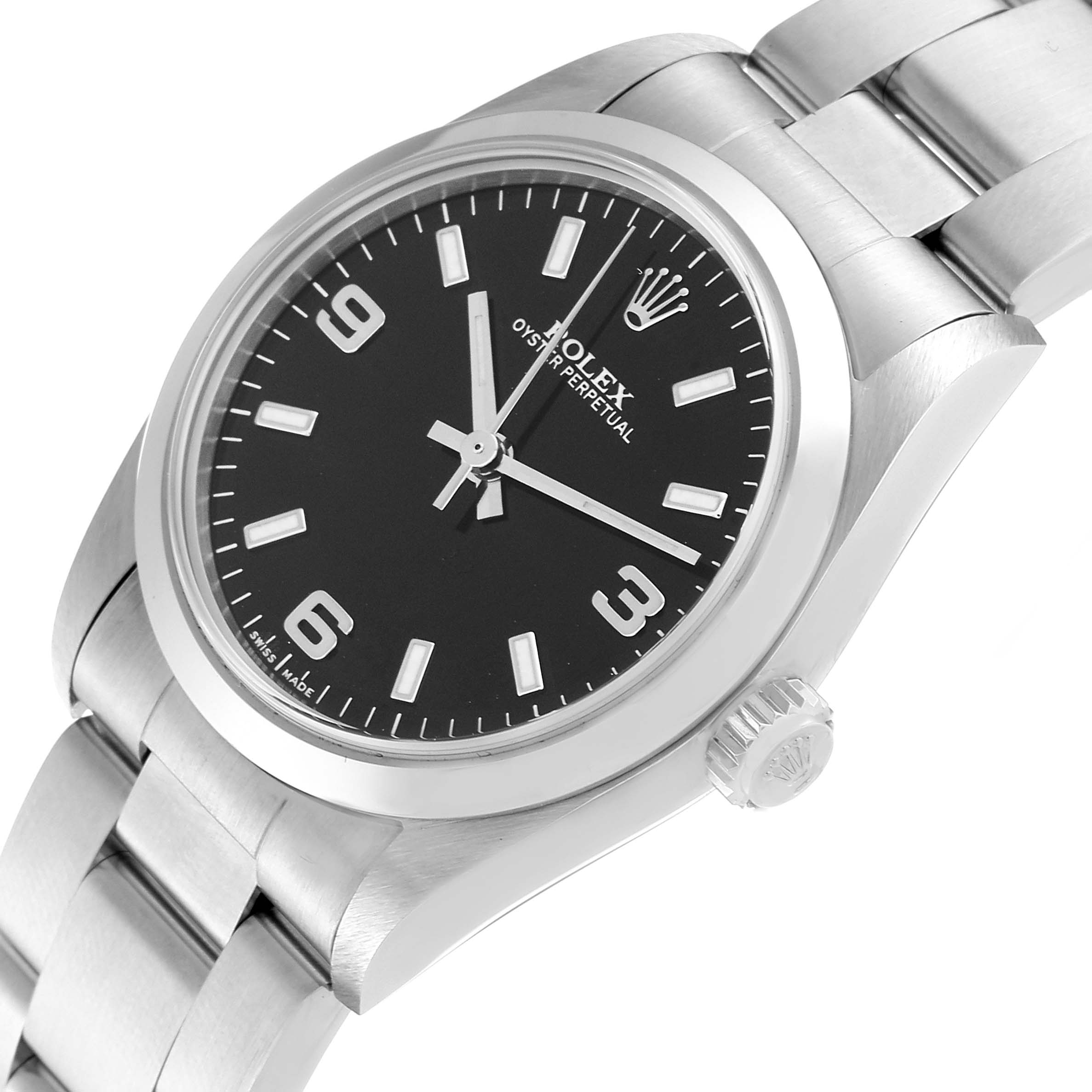 This image shows the dial, case, bezel, and part of the bracelet of a Rolex Mid-Size 77080 Women's Stainless Steel Black Dial 77080 Women's Stainless Steel Black Dial Oyster Perpetual watch from a tilted angle.