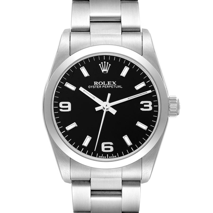 The image shows a front view of the Rolex Oyster Perpetual Mid-Size model, displaying the dial, bezel, bracelet, and crown.