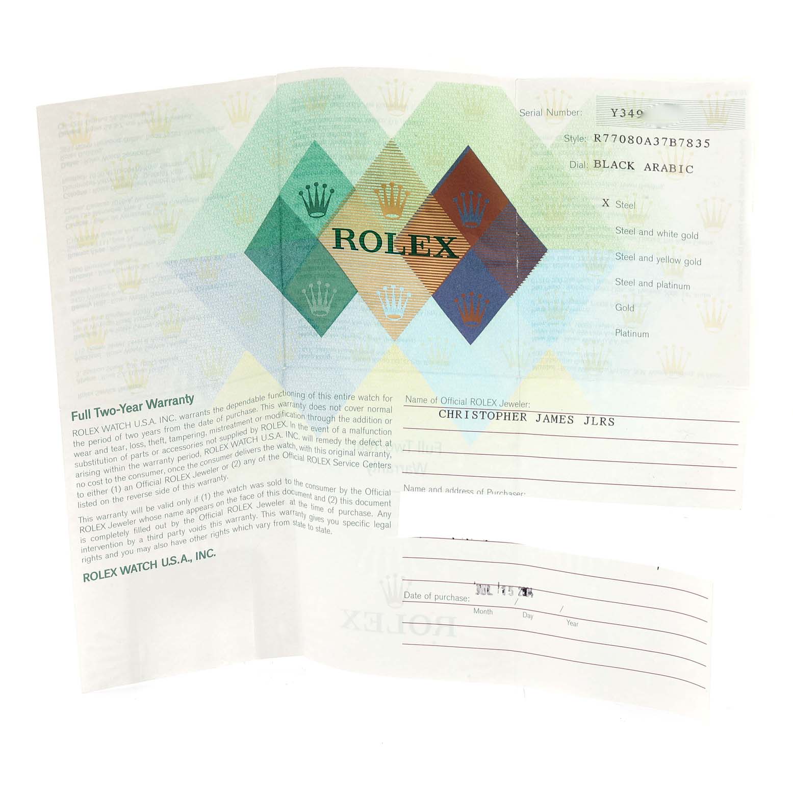 The image shows the warranty card and documentation for a Rolex Mid-Size 77080 Women's Stainless Steel Black Dial 77080 Women's Stainless Steel Black Dial model.