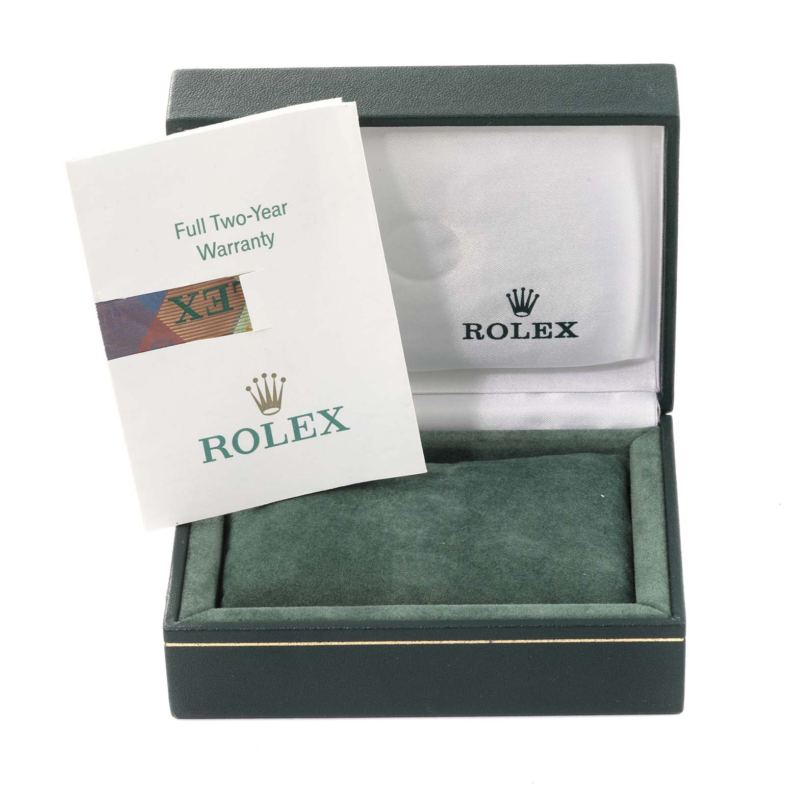 The image shows a Mid-Size Rolex watch box with a warranty card partially inside and the Rolex logo inside the box.