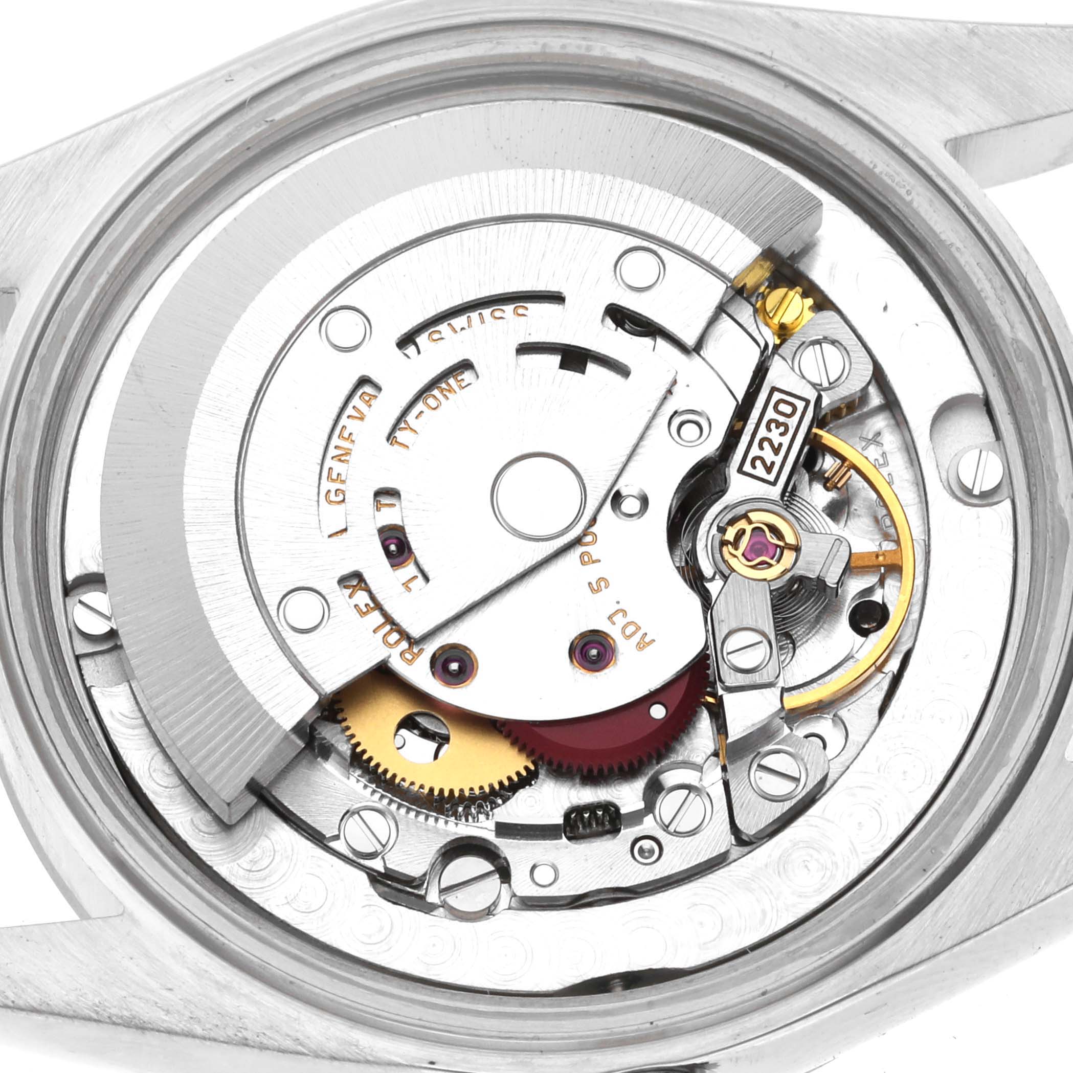 The image shows the internal mechanism and movement of a Rolex Mid-Size 77080 Women's Stainless Steel Black Dial 77080 Women's Stainless Steel Black Dial model watch, viewed from the back.