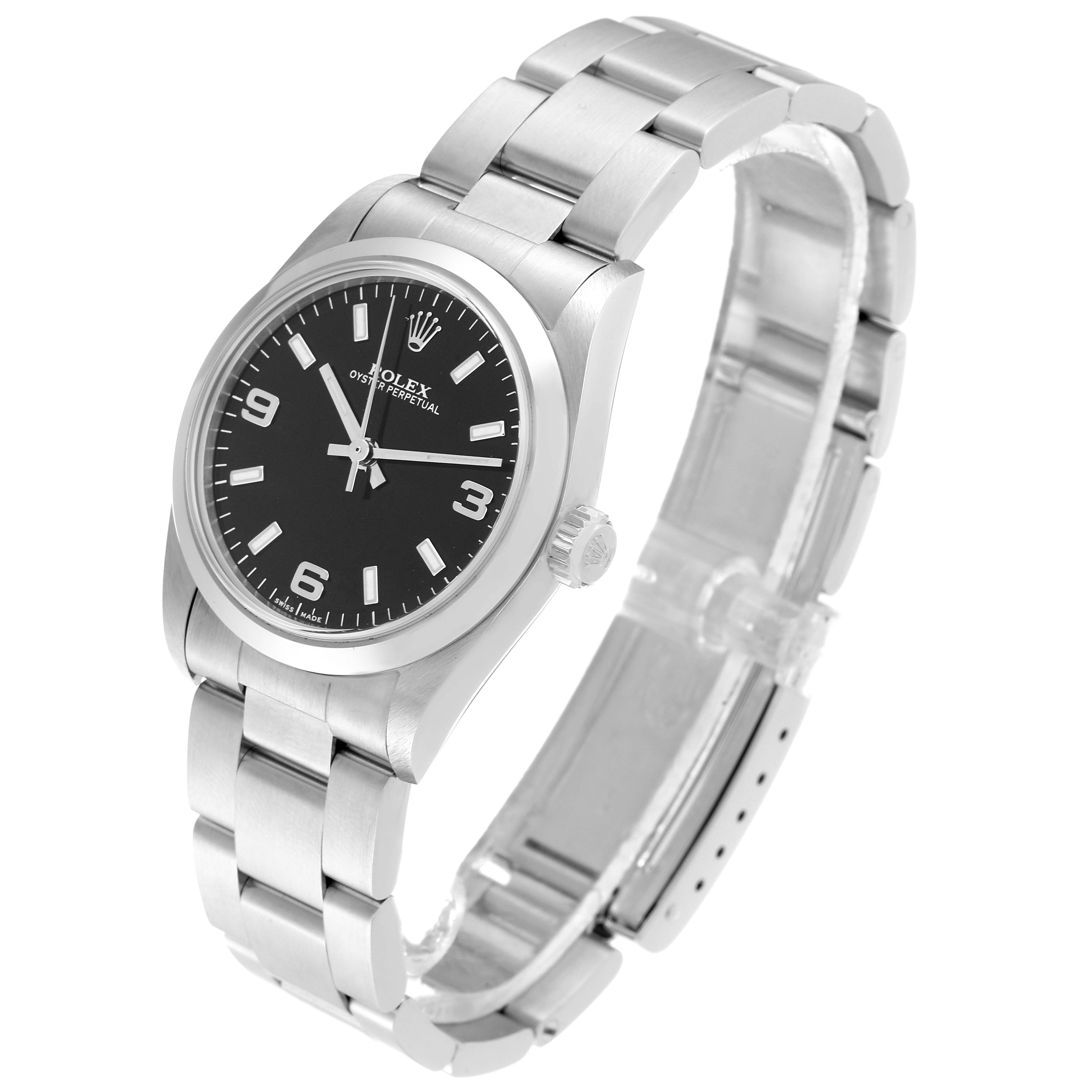 The Rolex Mid-Size 77080 Women's Stainless Steel Black Dial 77080 Women's Stainless Steel Black Dial watch is shown at a three-quarter angle, highlighting its black dial, stainless steel case, and bracelet.