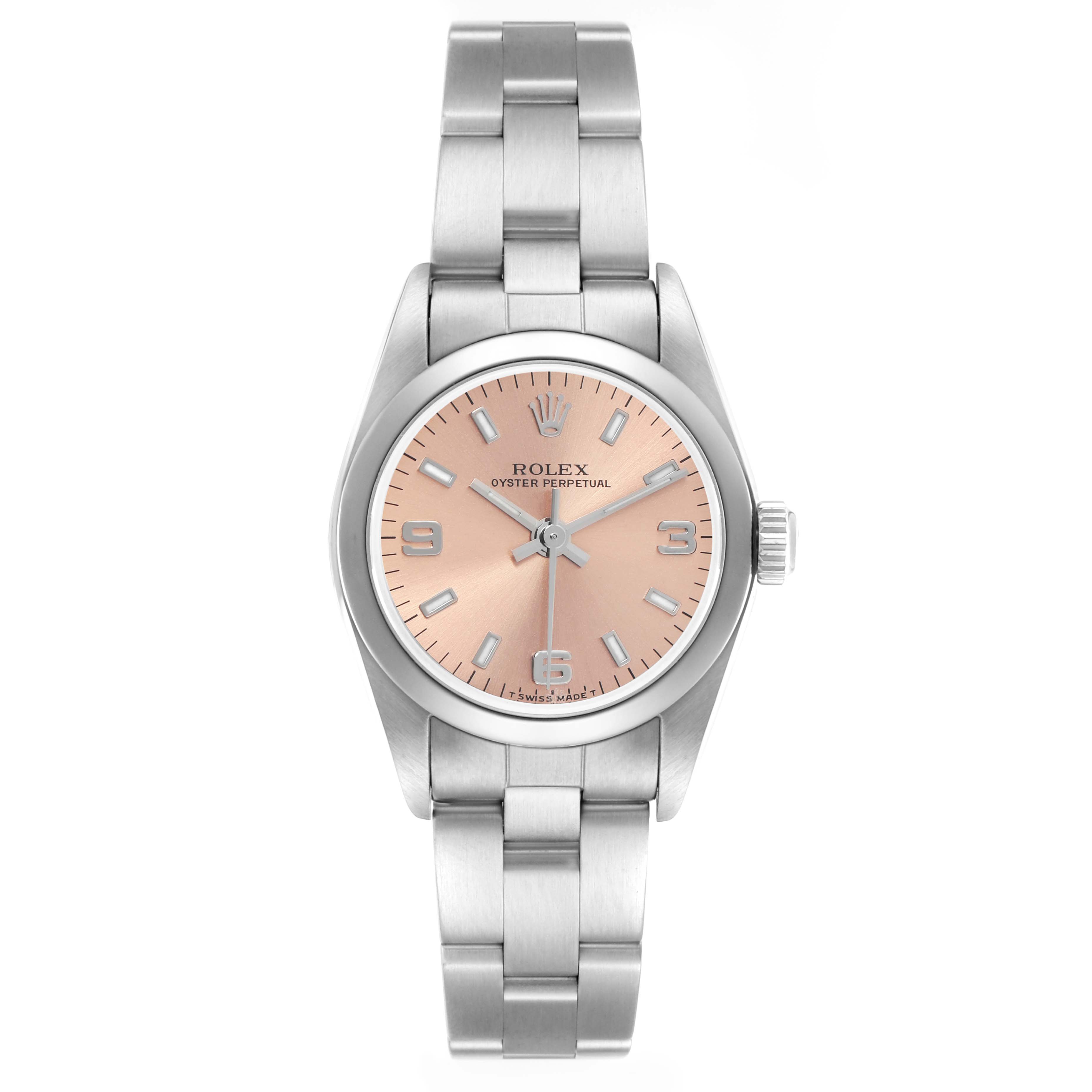 The Rolex Oyster Perpetual 76080 Women
s Stainless Steel Pink Dial 76080 Women
s Stainless Steel Pink Dial watch is shown from a top-down angle, displaying its full face and bracelet.
