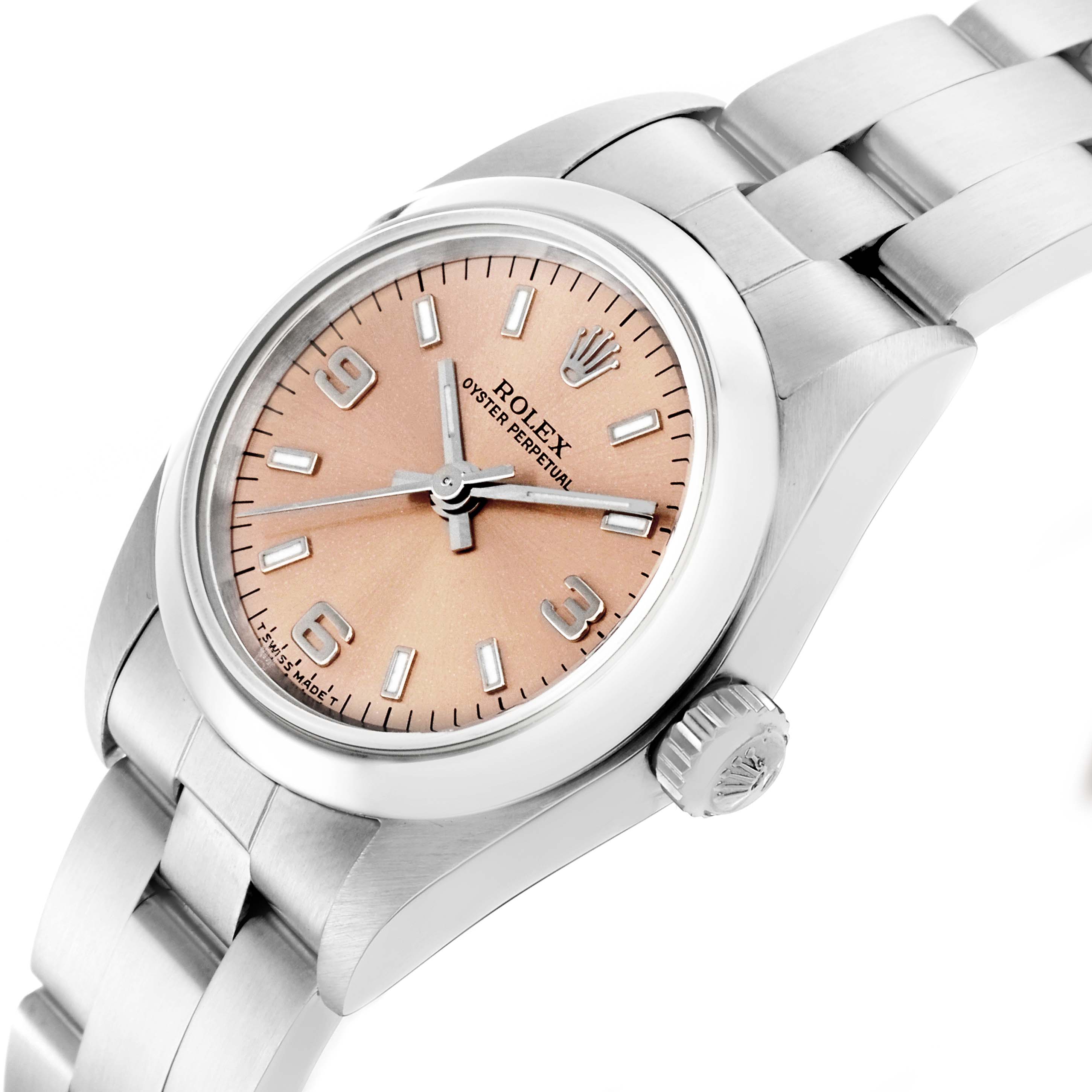 The Rolex Oyster Perpetual 76080 Women
s Stainless Steel Pink Dial 76080 Women
s Stainless Steel Pink Dial watch is shown at a 3/4 angle, highlighting the dial, crown, and bracelet links.