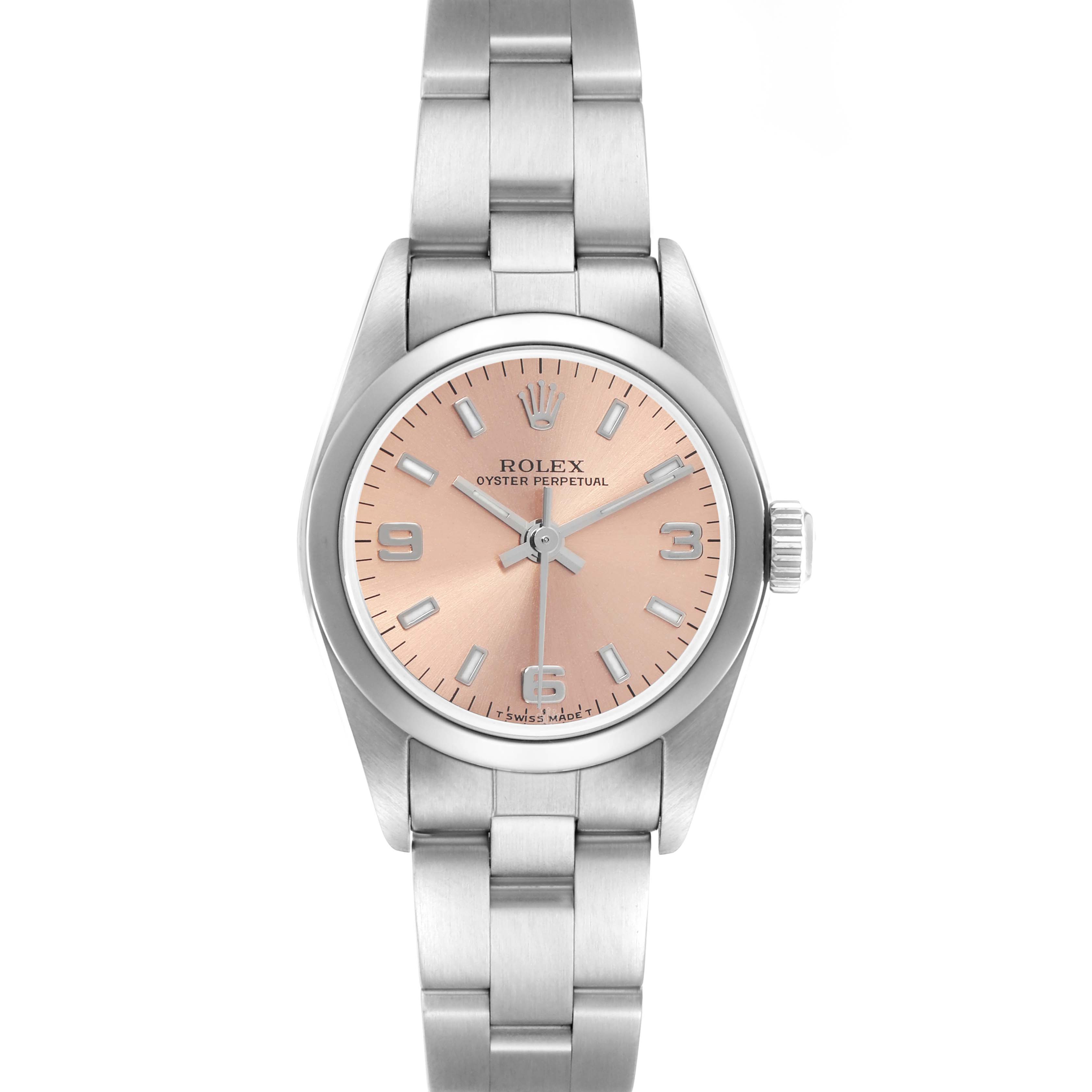 The Rolex Oyster Perpetual 76080 Women
s Stainless Steel Pink Dial 76080 Women
s Stainless Steel Pink Dial watch is shown from a front angle, highlighting the dial, case, and bracelet.