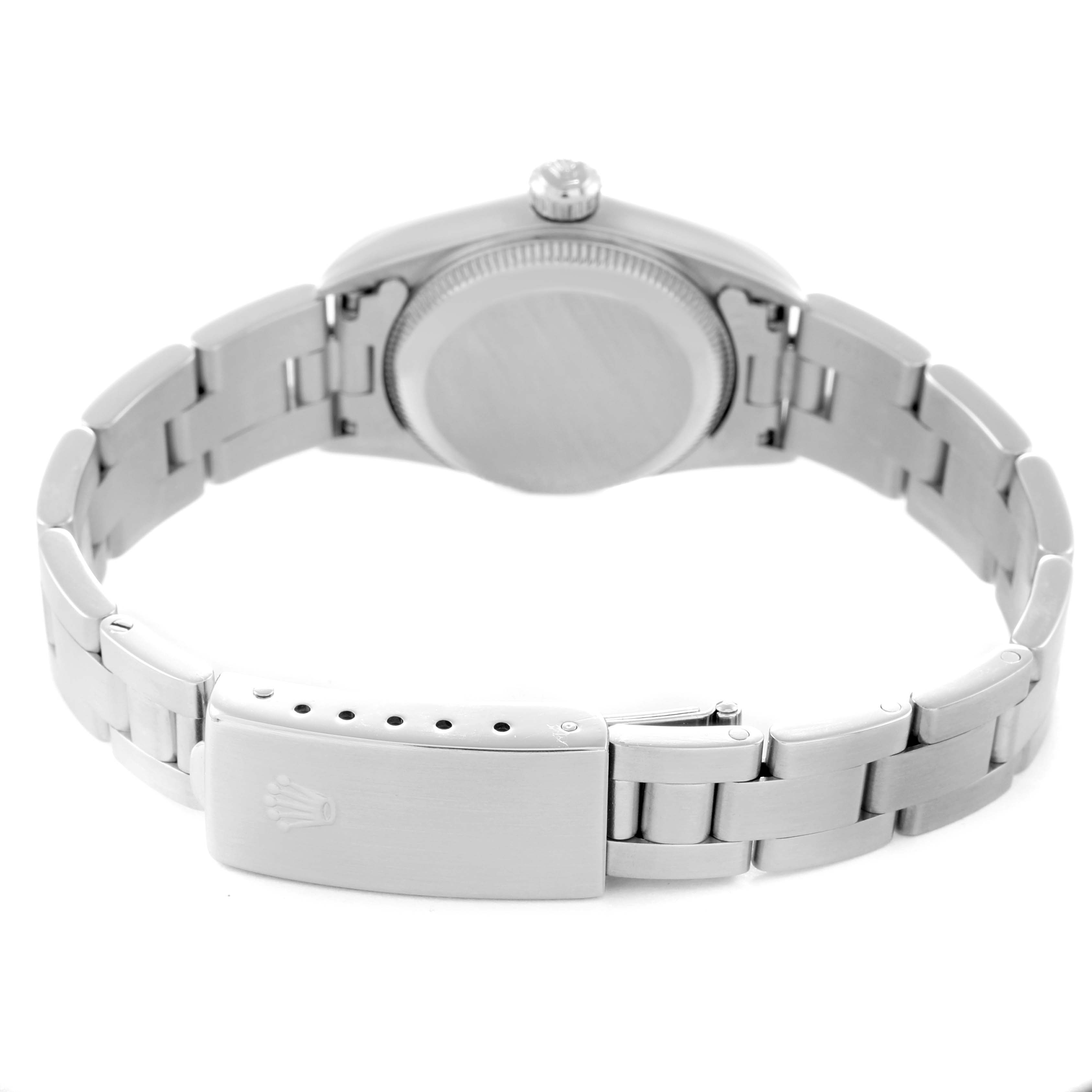 The image shows the back view of a Rolex Oyster Perpetual 76080 Women
s Stainless Steel Pink Dial 76080 Women
s Stainless Steel Pink Dial, highlighting the bracelet, clasp, and case back.