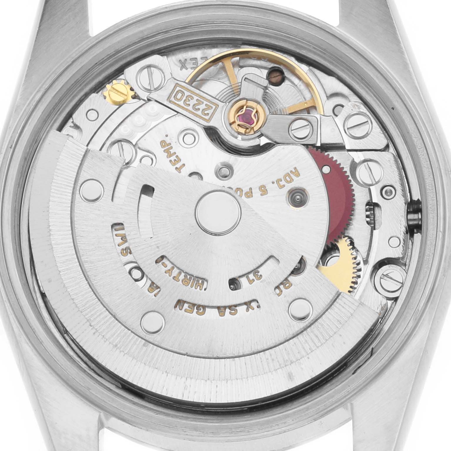 The image shows the movement of a Rolex Oyster Perpetual 76080 Women
s Stainless Steel Pink Dial 76080 Women
s Stainless Steel Pink Dial from the back, highlighting its mechanical components and rotor.