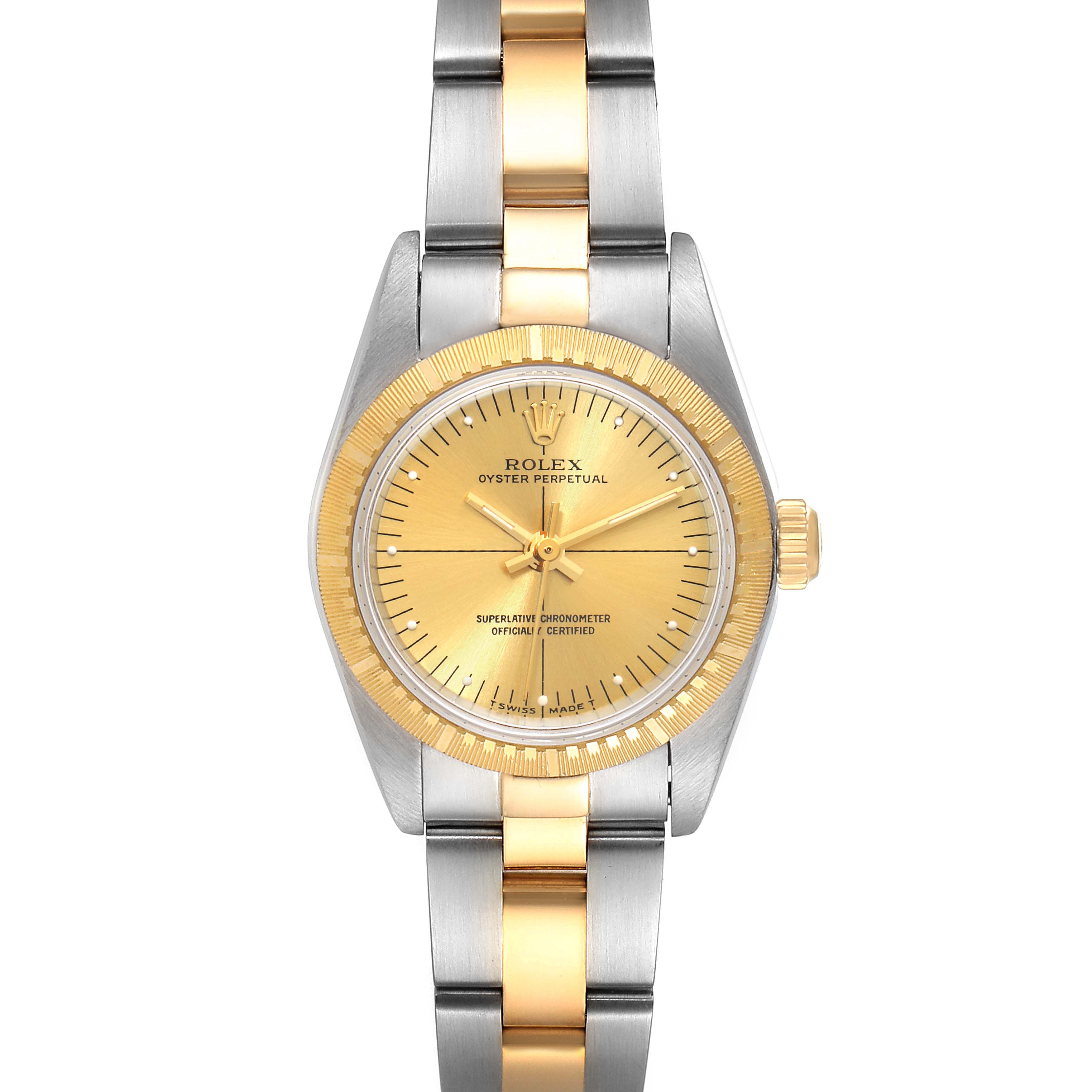 This front view of the Rolex Oyster Perpetual 76243 Women
s Steel and Gold (two tone) Champagne Dial 76243 Women
s Steel and Gold (two tone) Champagne Dial watch shows the face, bezel, and bracelet.