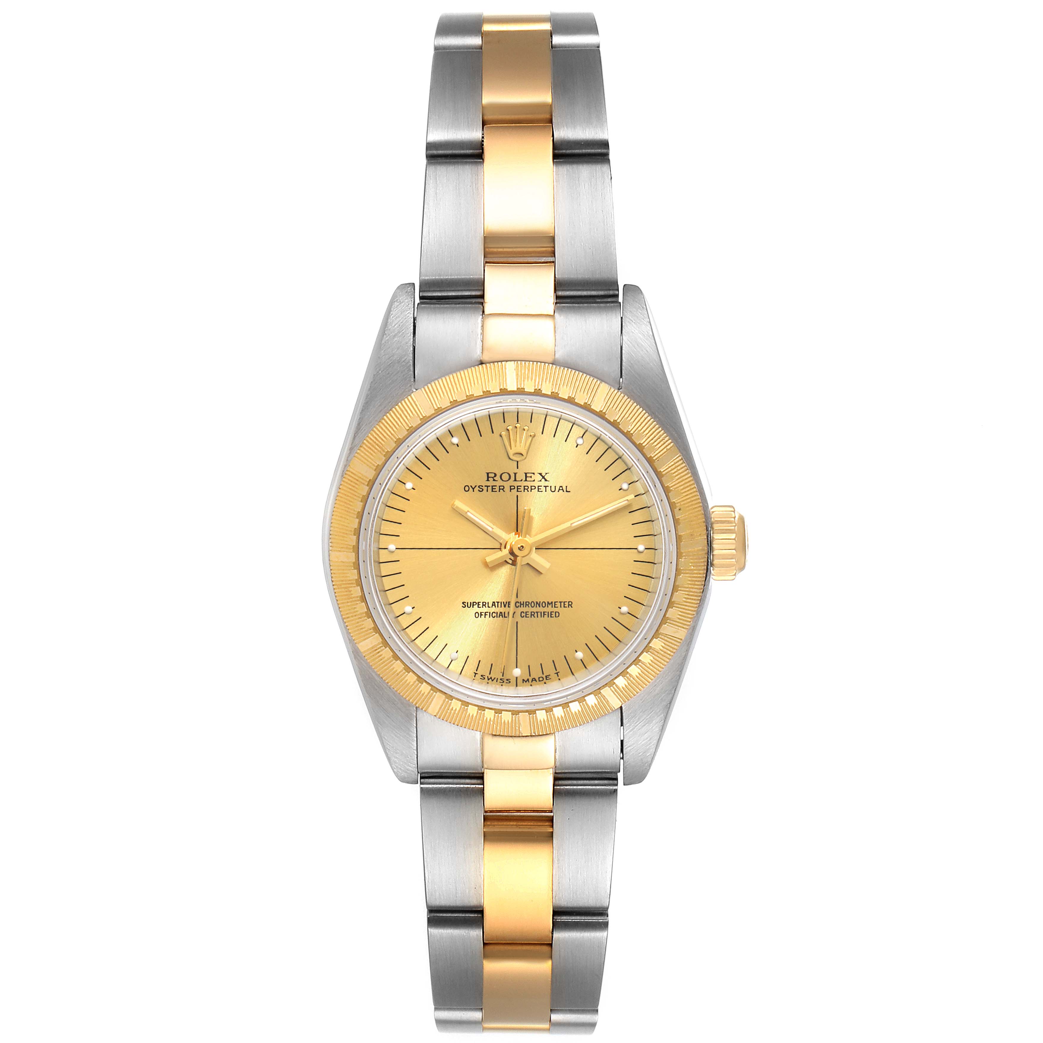 The Rolex Oyster Perpetual 76243 Women
s Steel and Gold (two tone) Champagne Dial 76243 Women
s Steel and Gold (two tone) Champagne Dial watch is shown from the front, displaying its gold dial, bezel, and two-tone bracelet.