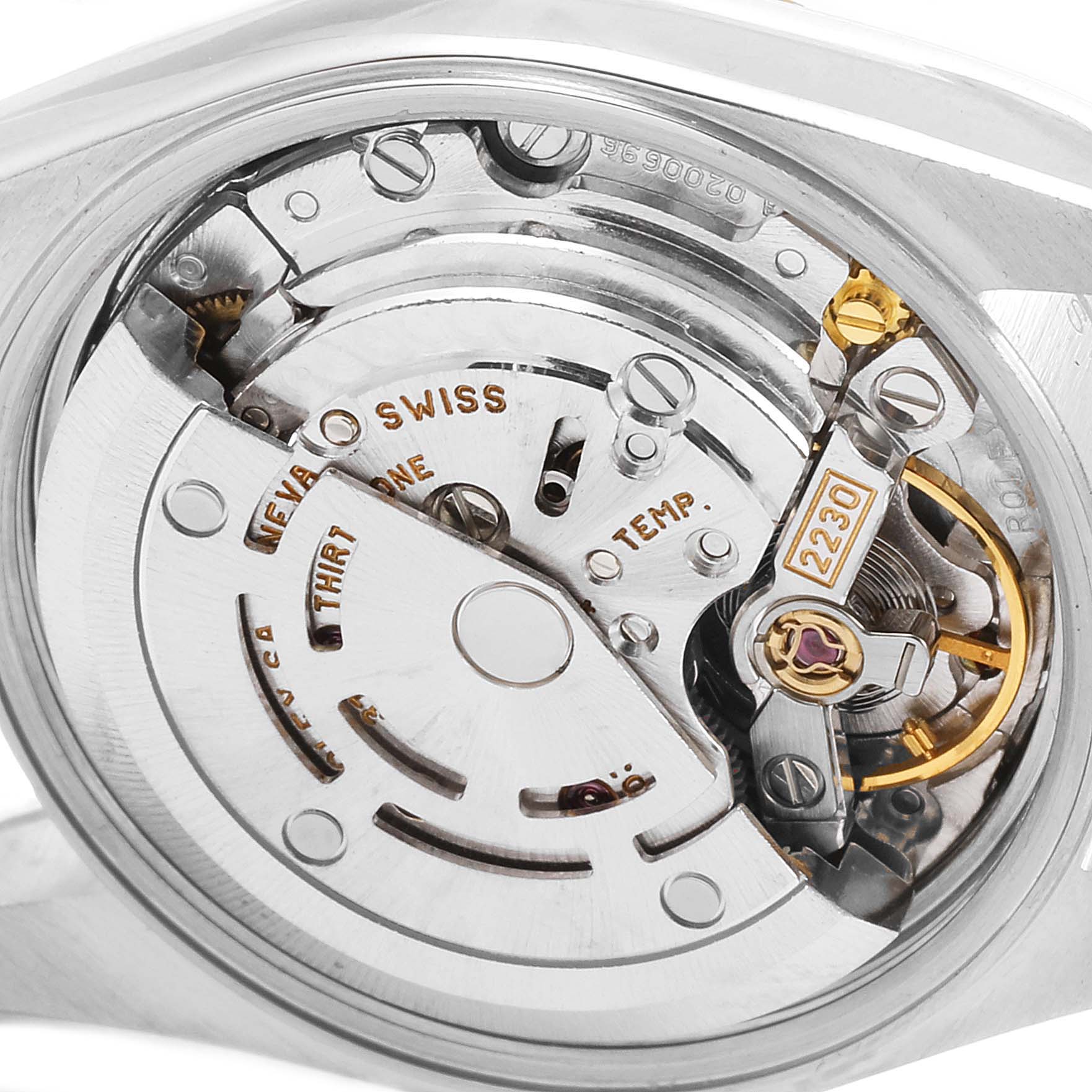 This image shows the movement mechanism of the Rolex Oyster Perpetual 76243 Women
s Steel and Gold (two tone) Champagne Dial 76243 Women
s Steel and Gold (two tone) Champagne Dial watch from a top view angle.