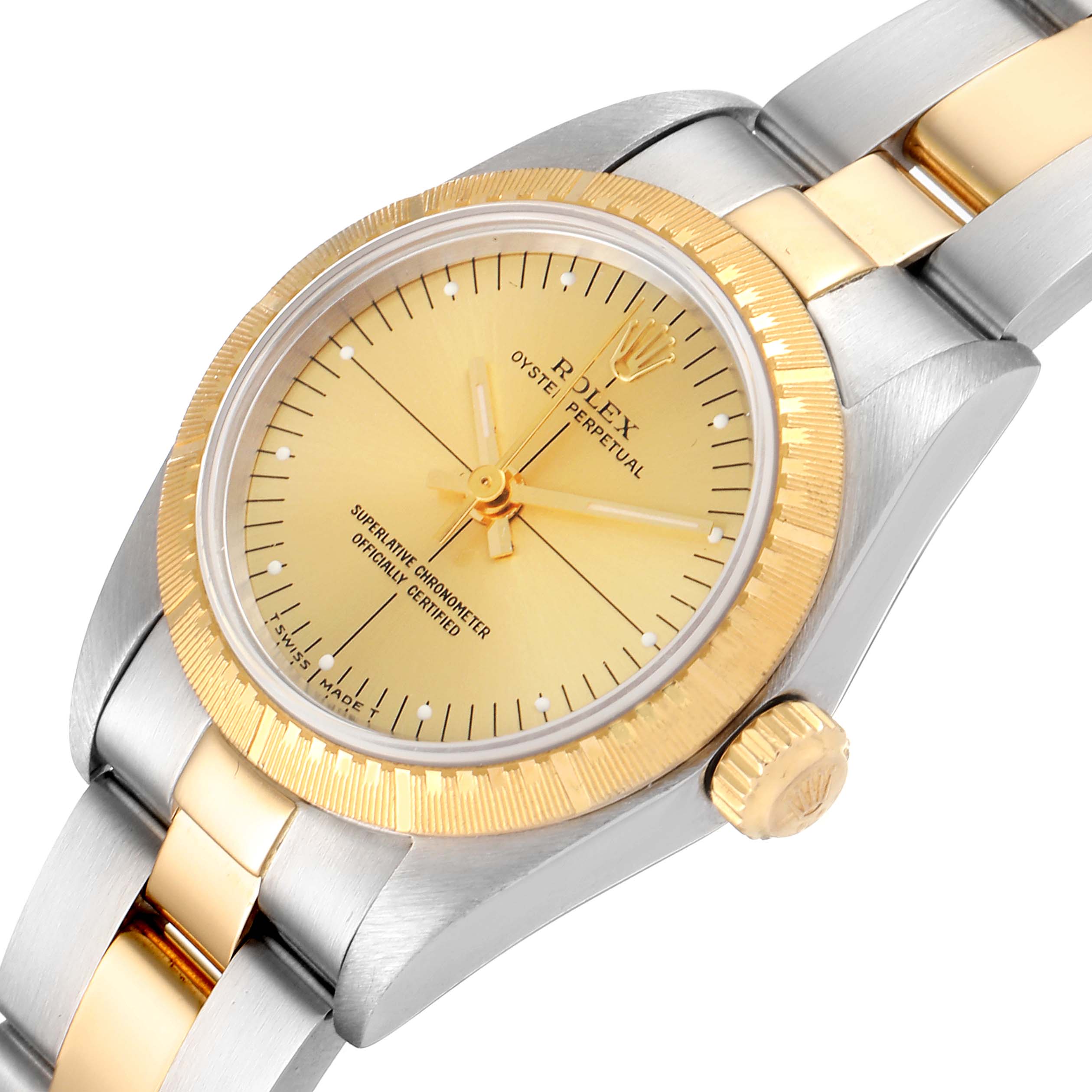 The image shows a Rolex Oyster Perpetual 76243 Women
s Steel and Gold (two tone) Champagne Dial 76243 Women
s Steel and Gold (two tone) Champagne Dial watch angled slightly from above, highlighting the dial, bezel, and bracelet.