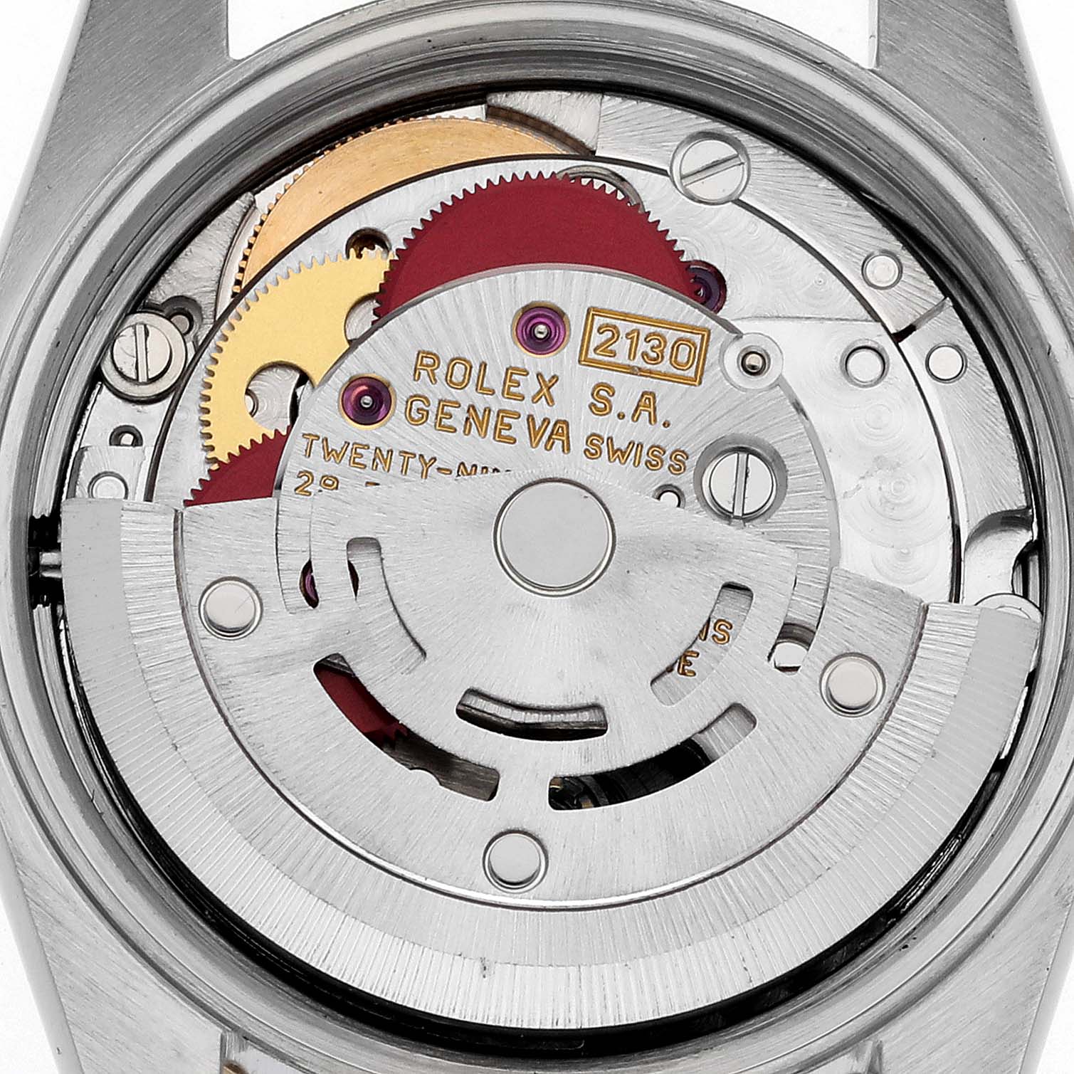 This is a close-up view of the movement inside the Rolex Oyster Perpetual 67183 Women's Steel and Gold (two tone) Grey Dial 67183 Women's Steel and Gold (two tone) Grey Dial watch, showing its intricate internal mechanisms.