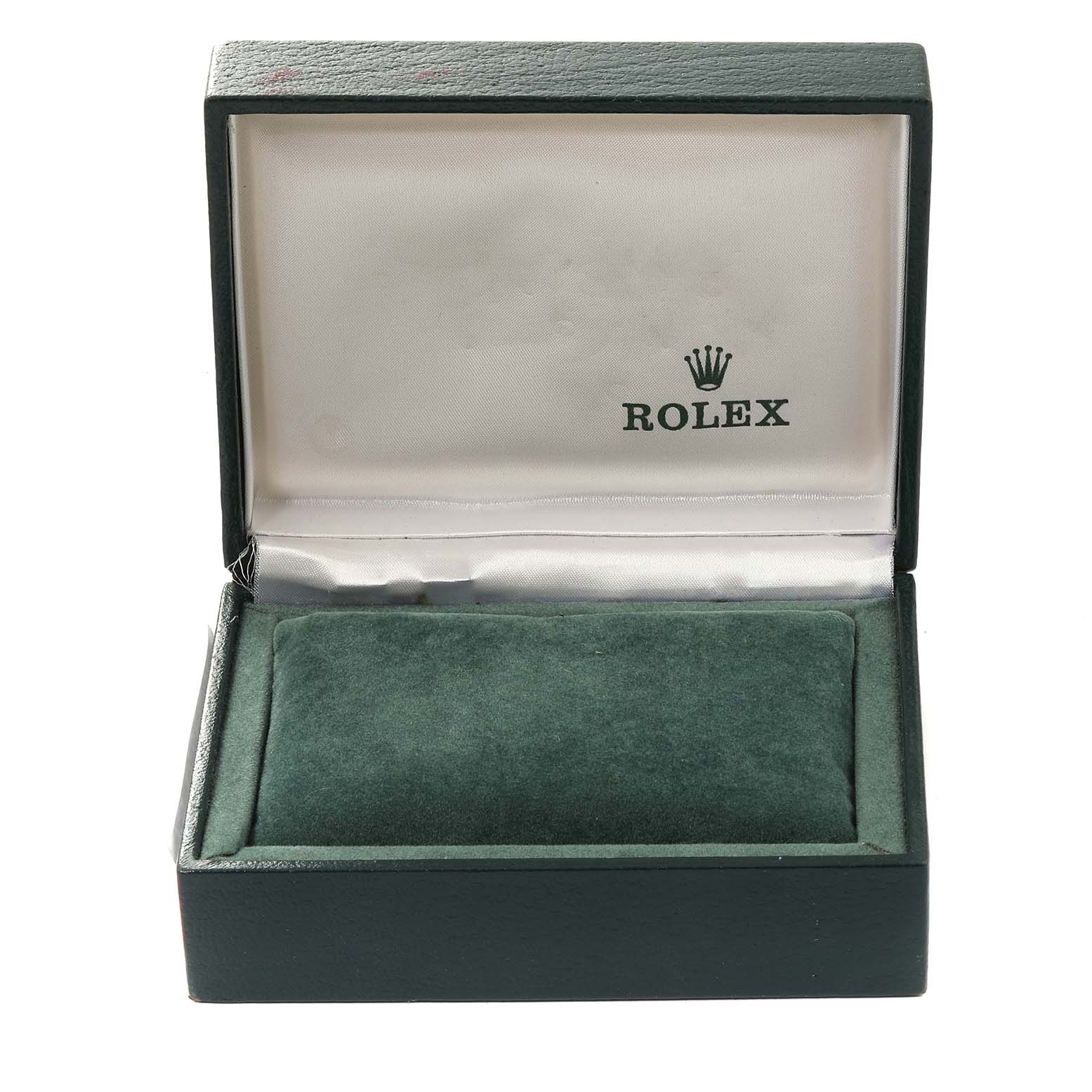 This image shows an open Rolex Oyster Perpetual 67183 Women's Steel and Gold (two tone) Grey Dial 67183 Women's Steel and Gold (two tone) Grey Dial watch box, displaying its interior.