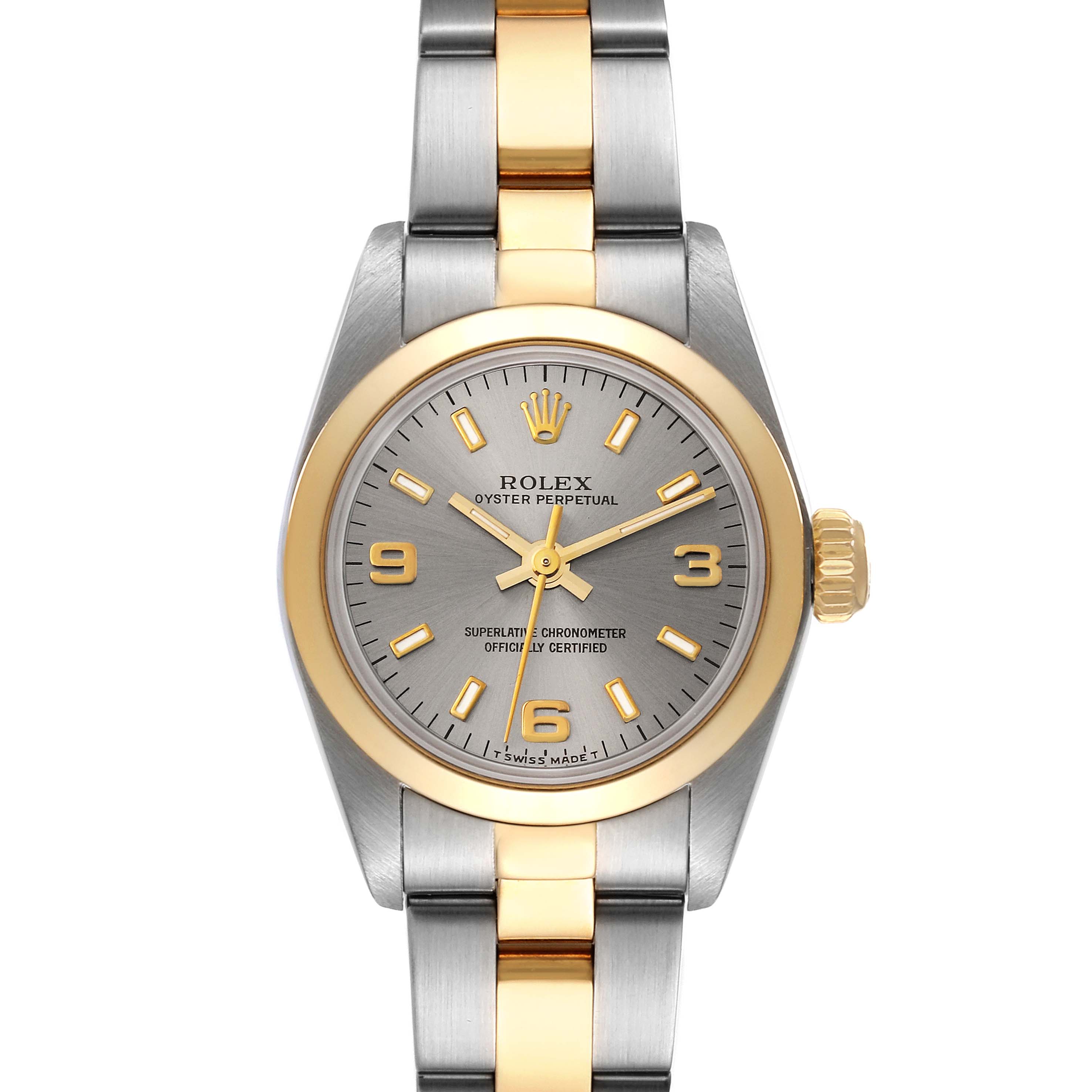 This image shows a front view of the Rolex Oyster Perpetual 67183 Women's Steel and Gold (two tone) Grey Dial 67183 Women's Steel and Gold (two tone) Grey Dial watch, highlighting its two-tone bracelet, dial, and crown.