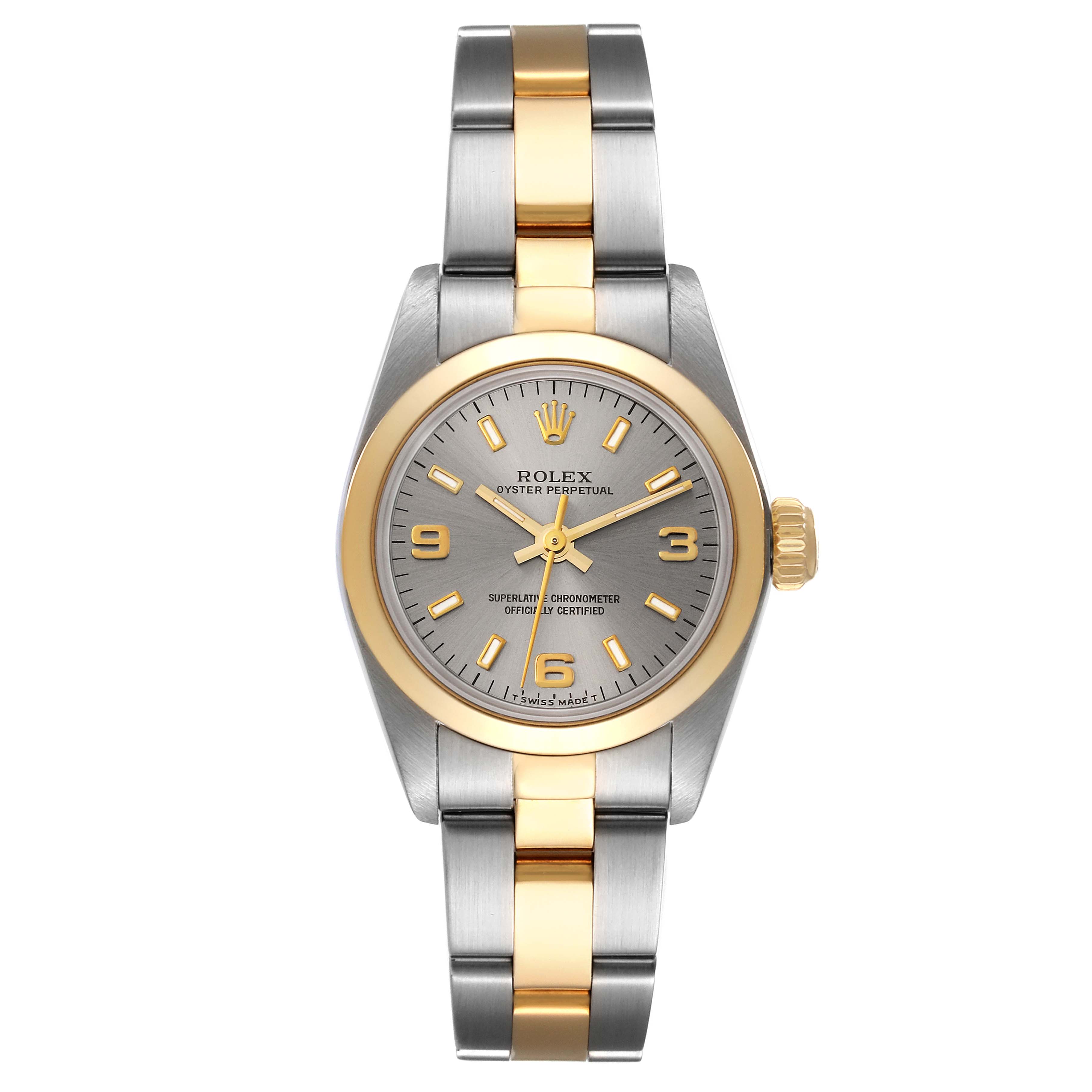 The image shows a front view of a Rolex Oyster Perpetual 67183 Women's Steel and Gold (two tone) Grey Dial 67183 Women's Steel and Gold (two tone) Grey Dial watch, featuring a two-tone (gold and silver) bracelet and a gray dial.