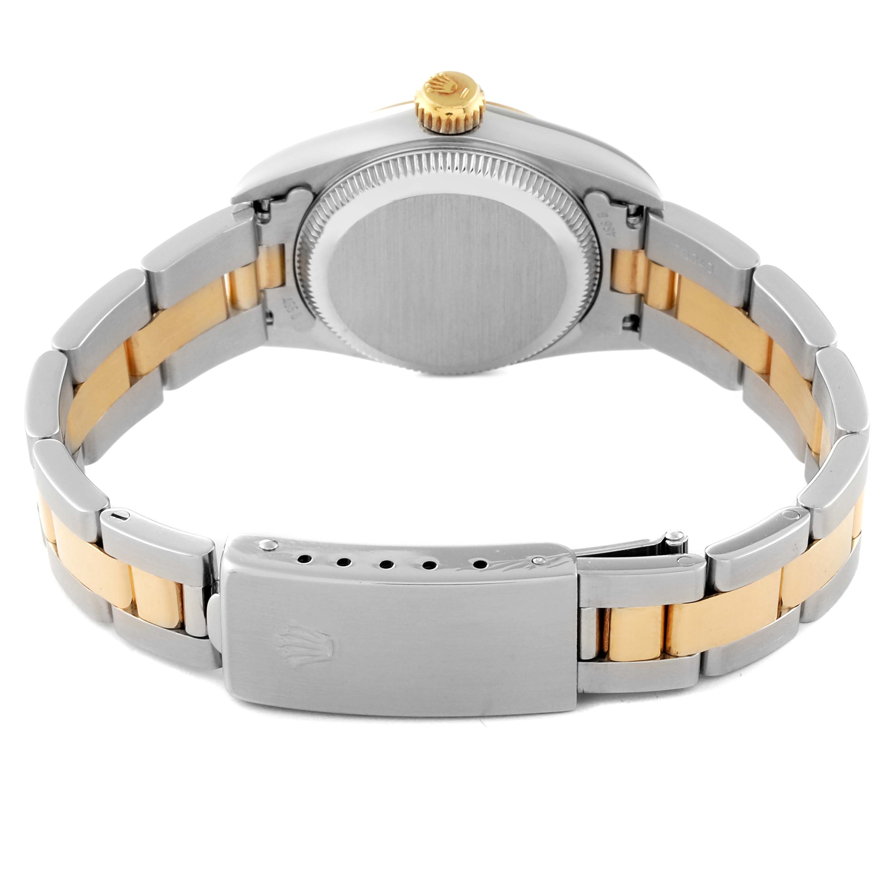 This is a rear view of the Rolex Oyster Perpetual 67183 Women's Steel and Gold (two tone) Grey Dial 67183 Women's Steel and Gold (two tone) Grey Dial watch, showcasing the case back, crown, and two-tone bracelet.